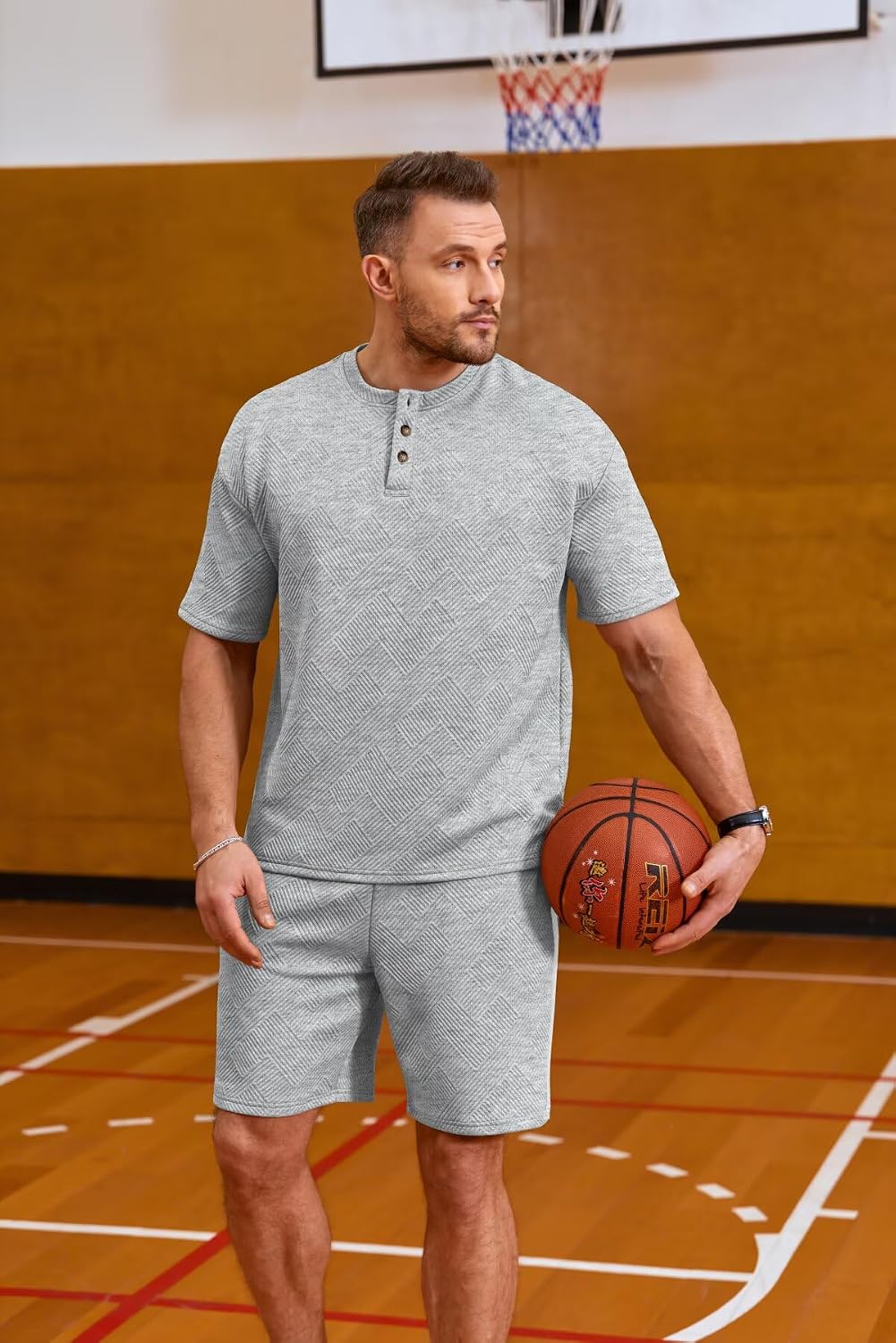 Men's 2 Pieces Outfits Short Sets Henley Shirt and Bottom Summer Jacquard Tracksuits Jogging Matching Set