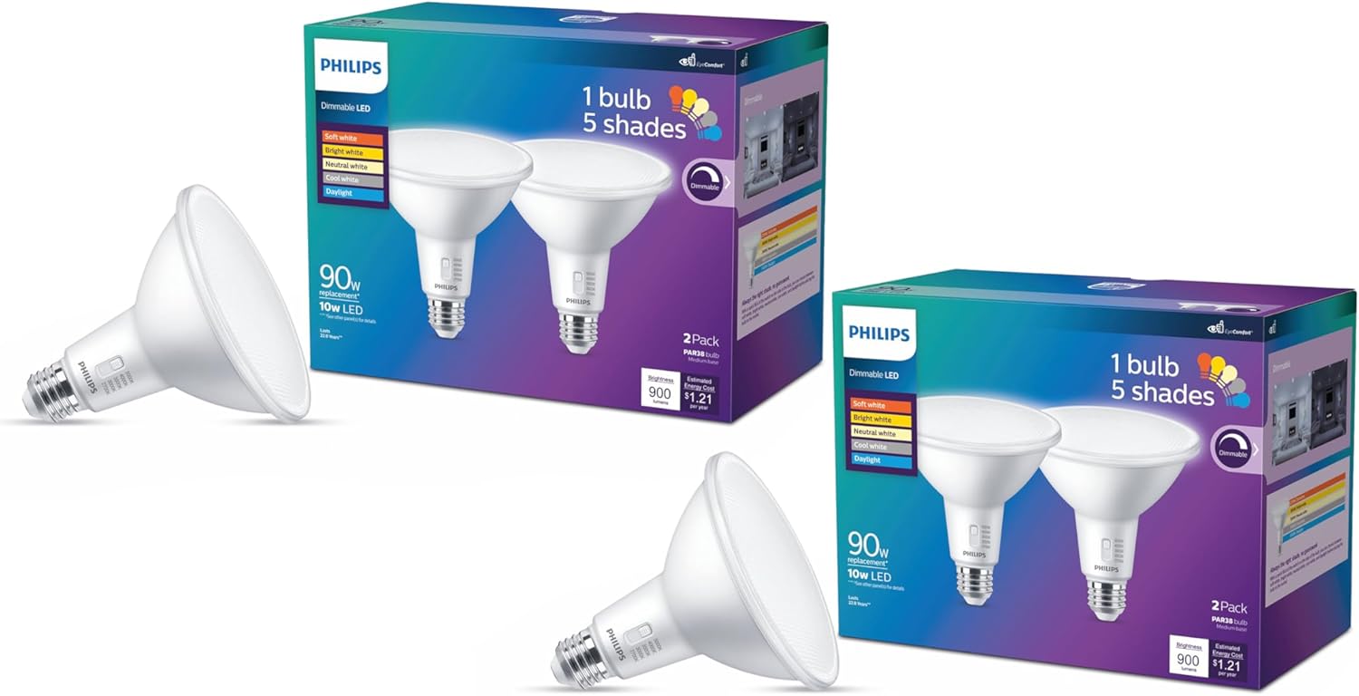 PHILIPS LED 90W PAR38 4-Pack Selectable White Multi-CCT 900 Lumen (10W = 90W) Dimmable Housing + Frosted Lens Flicker-Free Light Bulbs