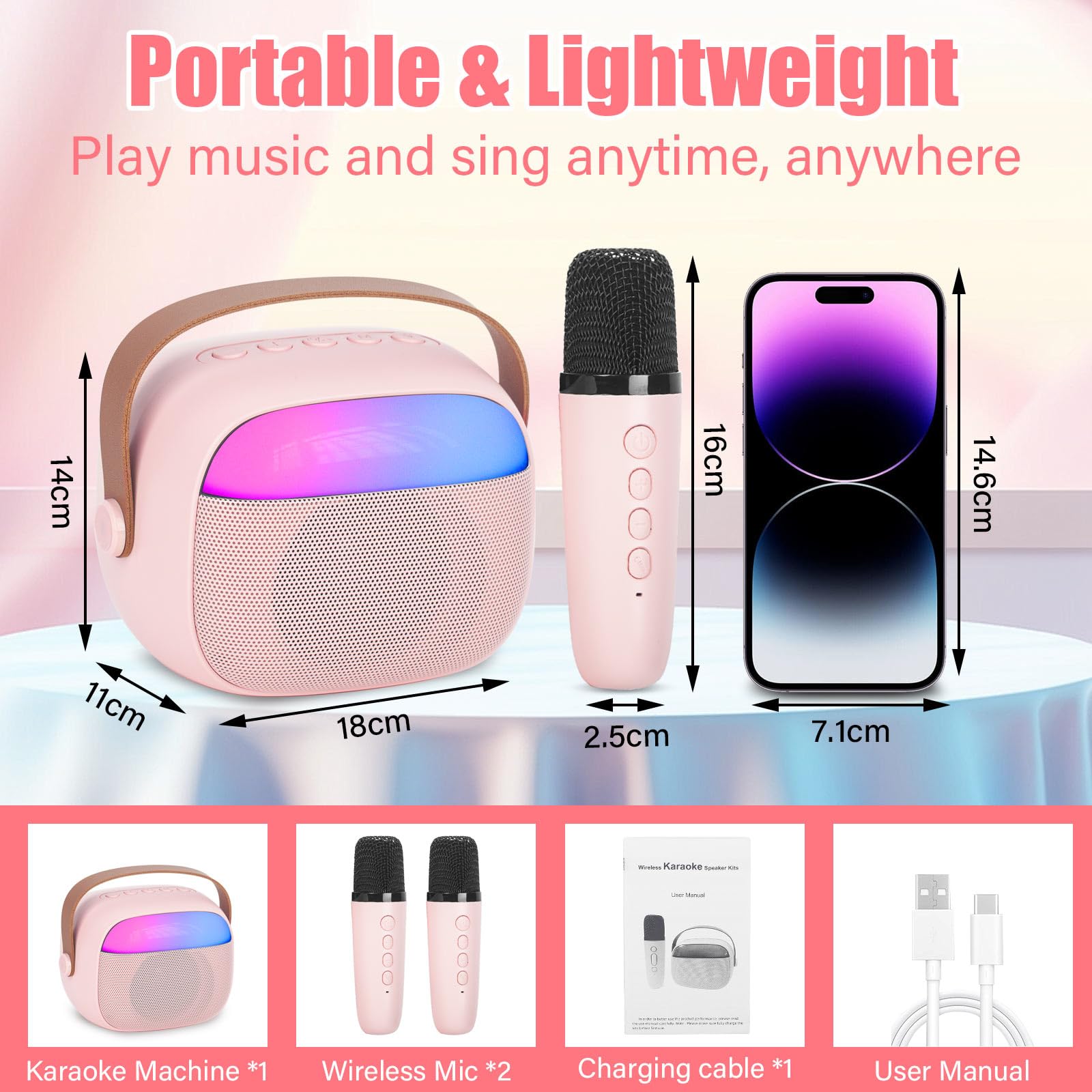 Karaoke per Bambini e Adulti con 2 Microfoni Senza Fili Bluetooth, Macchina Karaoke Portatile con Luce LED ed Effetti di Cambio Voce, Regali per Bambini da 3 a 18 Anni, Ragazzi e Ragazze