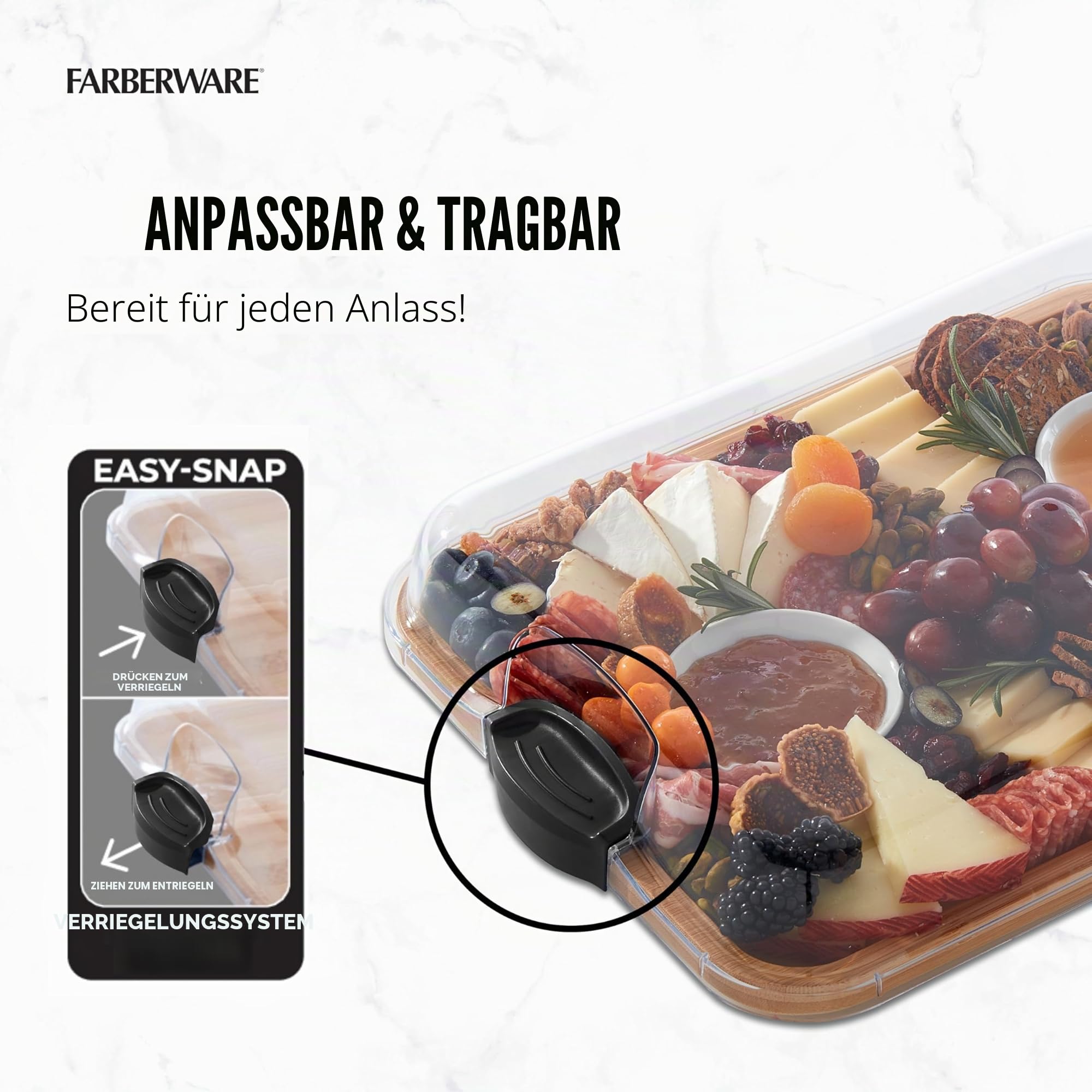 Farberware Build-A-Board Bambus-Schneidebrett mit transparentem Verschlussdeckel und schwarzen Griffen, perfekt für Charcuterie, Snacks und mehr – machen Sie es. Nehmen Sie es und genießen Sie es,