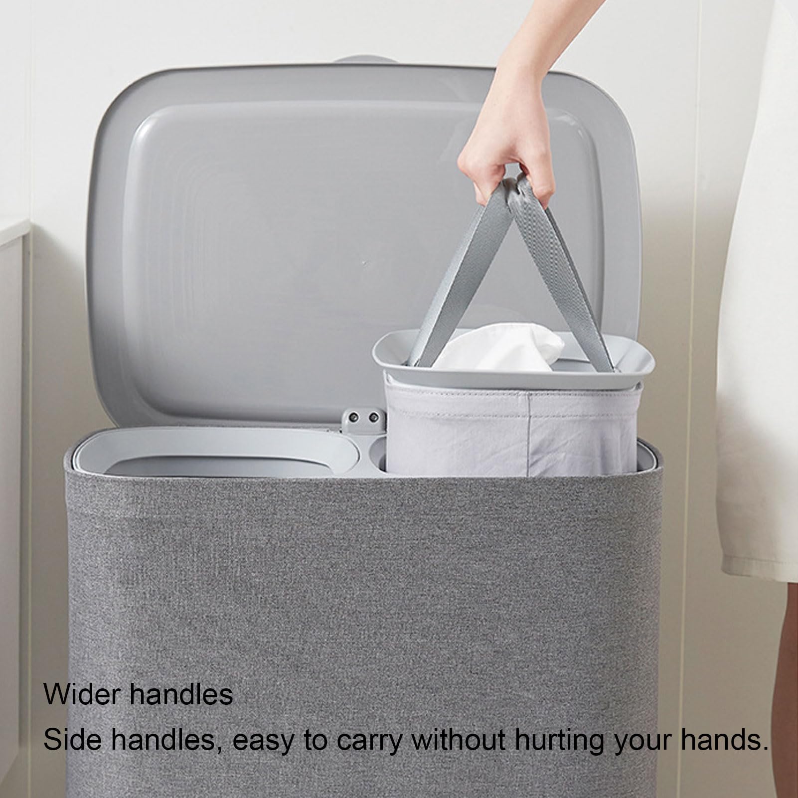 Cesto per la Biancheria con Manici Sacchetti Staccabili a Doppio Scomparto Cesto per Vestiti in Tessuto con Coperchio Telaio in Acciaio Inossidabile per Bagno Ripostiglio (S 50L)