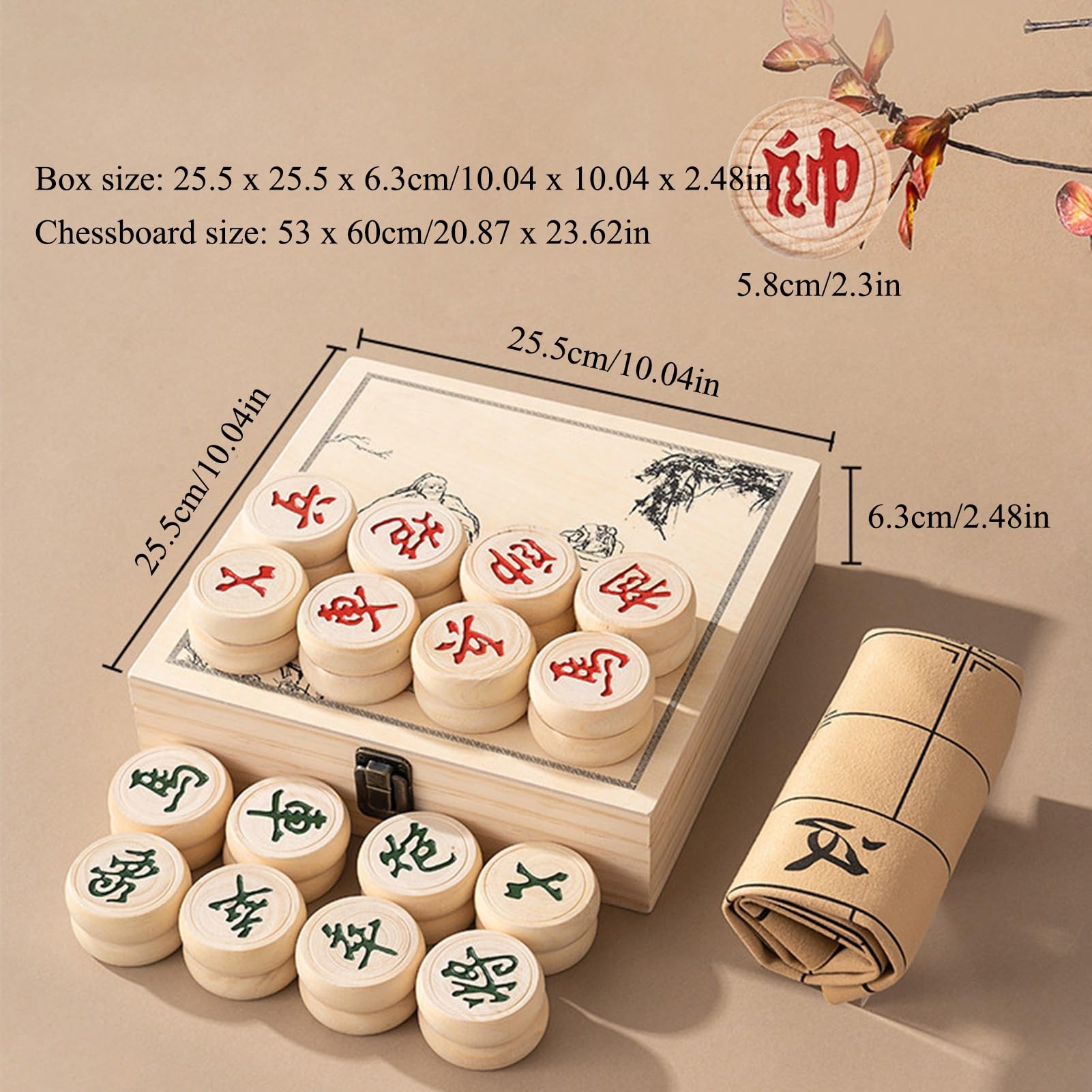 Ajedrez Chino Xiangqi Juego de Mesa con Piezas de ajedrez de Madera de Haya Juego de ajedrez de Viaje portátil Que Incluye Tablero de ajedrez de Cuero y Caja de Almacenamiento(5.8cm/2.3in)