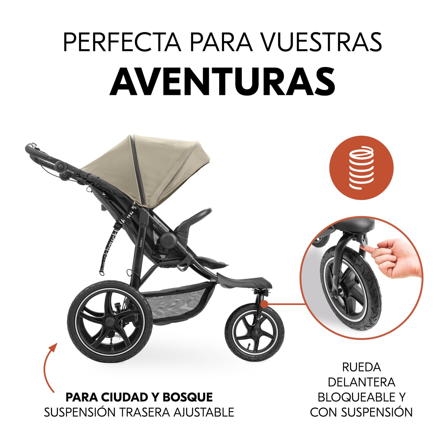 hauck Runner 3 Silla de Paseo Ligera hasta 22 kilos - Carrito Bebé de 3 Ruedas Reclinable - Carro para Niños con Neumáticos XL de Aire - Suspensión - Freno de Mano - Capota XL UPF 50+ - Oliva