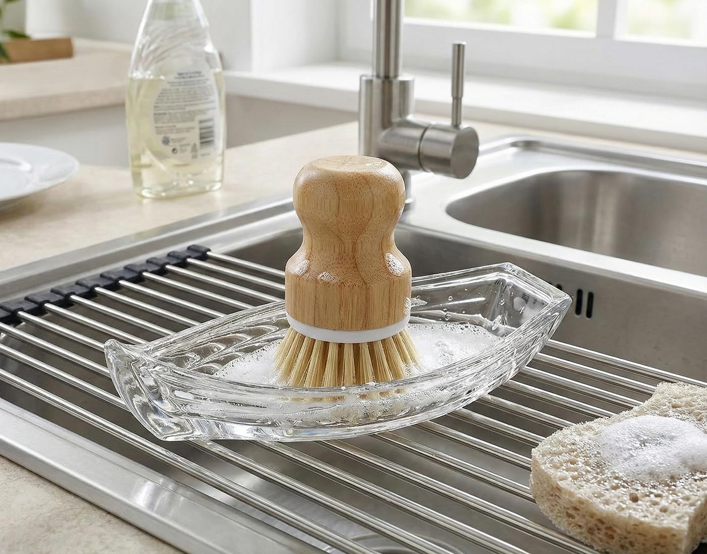 Portasapone decorativo a forma di barca con scarico in vetro trasparente, porta sapone pesante per bagno, lavello e cucina