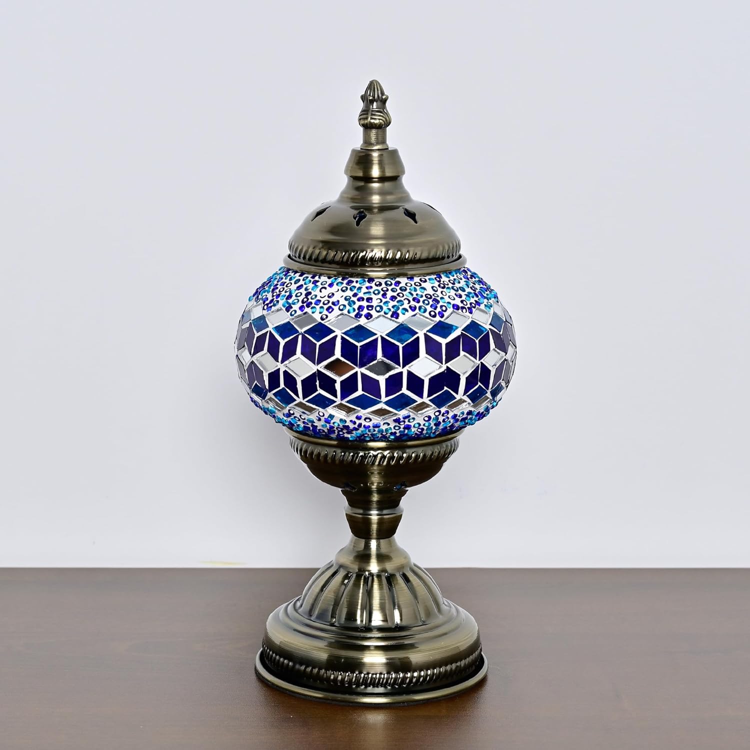 GOGERS Turkish Moroccan Table Lamp Lantern with Handmade Mosaic Glass Lampshade Tiffany Style Bohemian Stained Glass Decorative Desk Lamps Bedside Night Lights for Bedroom (Multiple Blues)