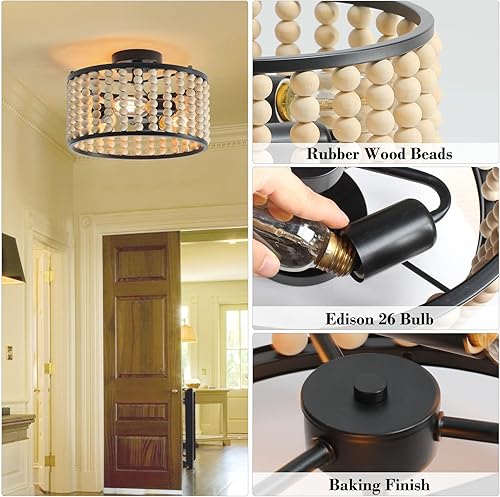 Miniatura 5 de tewei Candelabro de cuentas de madera, lámpara de techo semiempotrada rústica, 3 luces, estilo bohemio, casa de campo, bohemio, con base E26 para