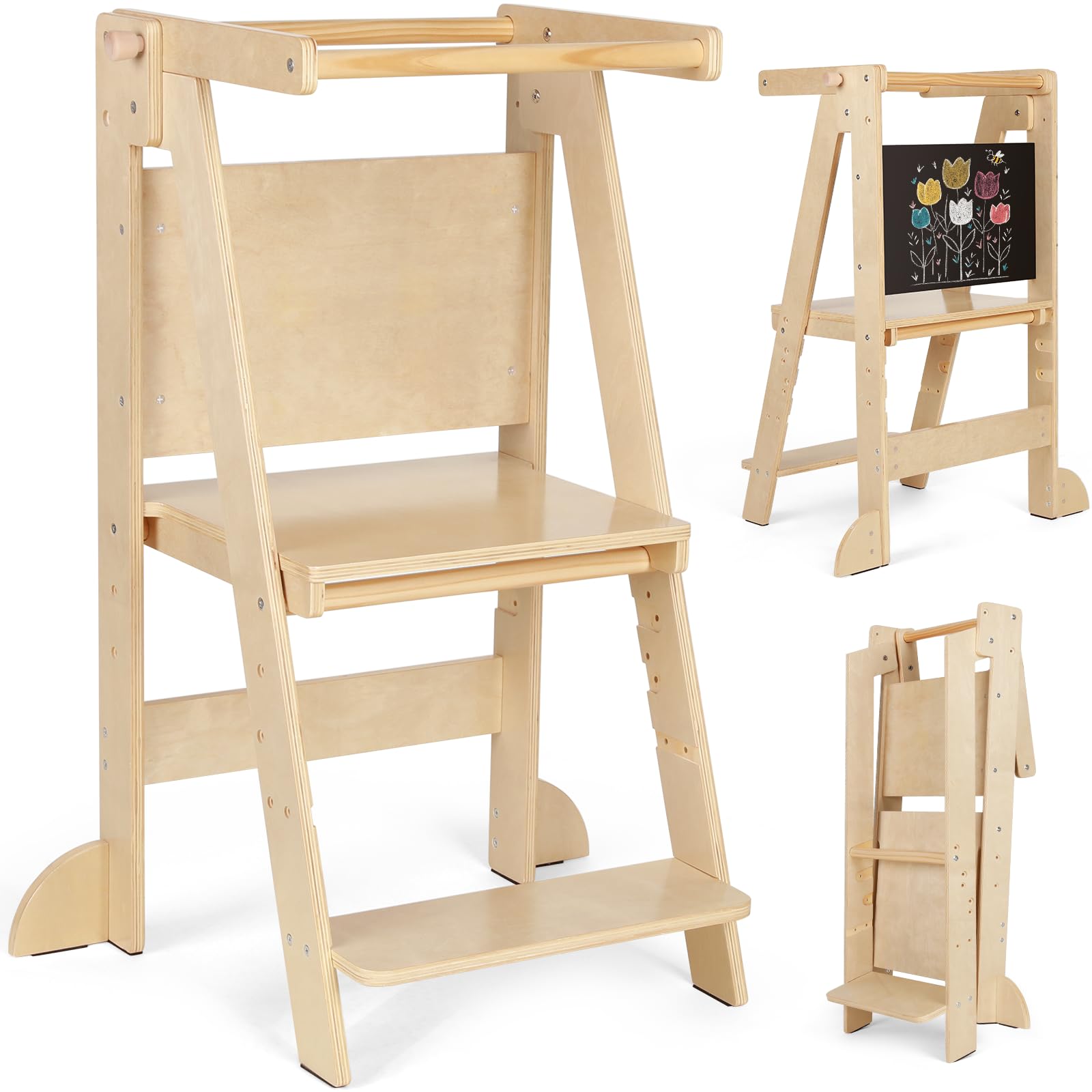 KIDINIX Klappbarer Holz Lernturm, Platzsparend Learning Tower ab 1 Jahr, Höhenverstellbar Kinder Turm mit Tafel, Küche Lernstuhl für Badezimmer und Waschbecken, Holzfarbe