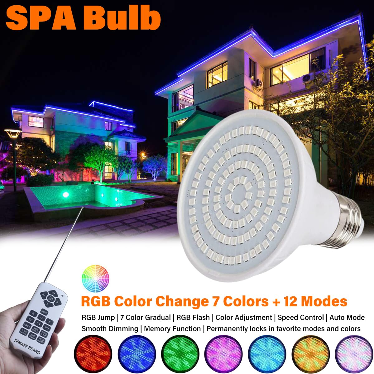 Tpamff 15W Kolor Zmieniający Spa Światło Do Basenu Naziemnego, Rgb Basenowa Żarówka Led Zamiennik 200W Tradycyjnej Żarówki，Rgb With Remote-12V
