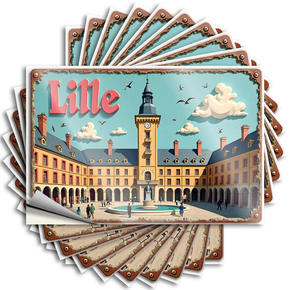 Fzfn Girls Colour Decals - Small Hard Colorful Lille Town Square With Clock Tower And People For Beer Housewarming Gift(12X18cm)