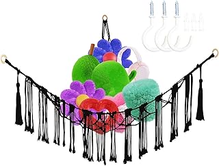 Stuffed Animal Net or Hammock Large Size, Corner Hanging Net Hammock for Stuffed Animals, Boho Macrame Plush Hammock, Stuffed Animal Organizer, with 3 Fixed Hooks (Black)