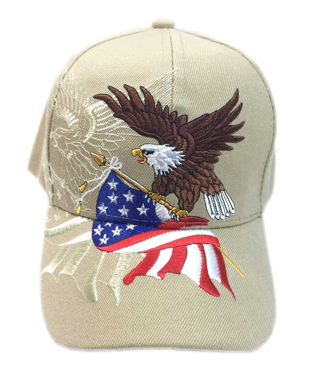 AesthetincPatriotic USA American Flag Red White Blue Stars Flying Birds Baseball Cap Hat 3D Embroidery (Khaki)