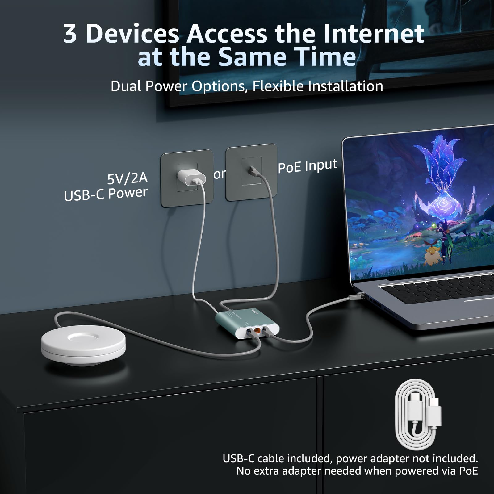 Switch Splitter Ethernet 2.5G 1 a 3 Porte con Ingresso PoE, Splitter ad Alta Velocità 4 Porte 2.5G con Scocca in Alluminio, Isolamento VLAN, Espansore di Rete Alimentato USB-C/PoE per Router, PC
