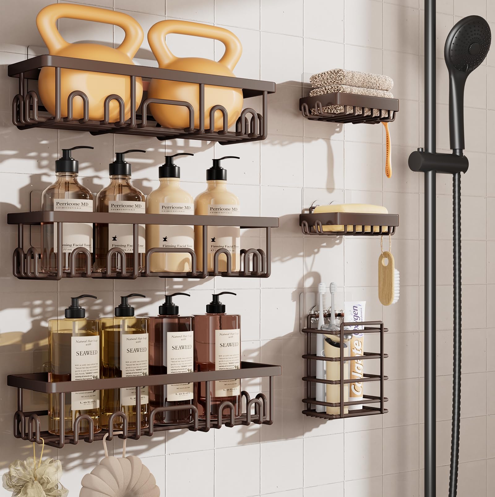 Veken Shower Caddy 6-Pack, No Drilling & Rustproof, Waterproof Adhesive Shelves Rack with Soap Holder, Large Capacity Bathroom Organizers and Storage, Wall-Mounted Kitchen & Home Decor