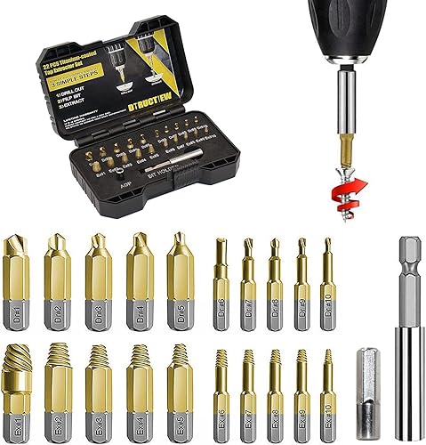 DTRUCTIEW Juego de 22 extractores de tornillos dañados de titanio, HSS 4341, kit de extractor de tornillos pelados, extractor de tornillo pelado