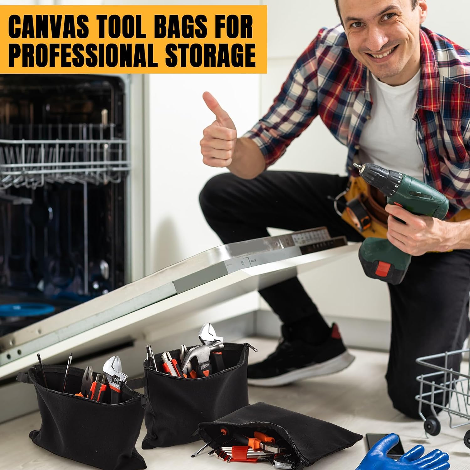 Eccliy 12 Pcs Canvas Tool Bag Pouch Zipper 16 oz Heavy Duty Utility Pouch Bag Multipurpose Storage Organizer 11.8" x 7.9" for Tools, Stationary, Craft, Electronics, Home & Workshop(Black)