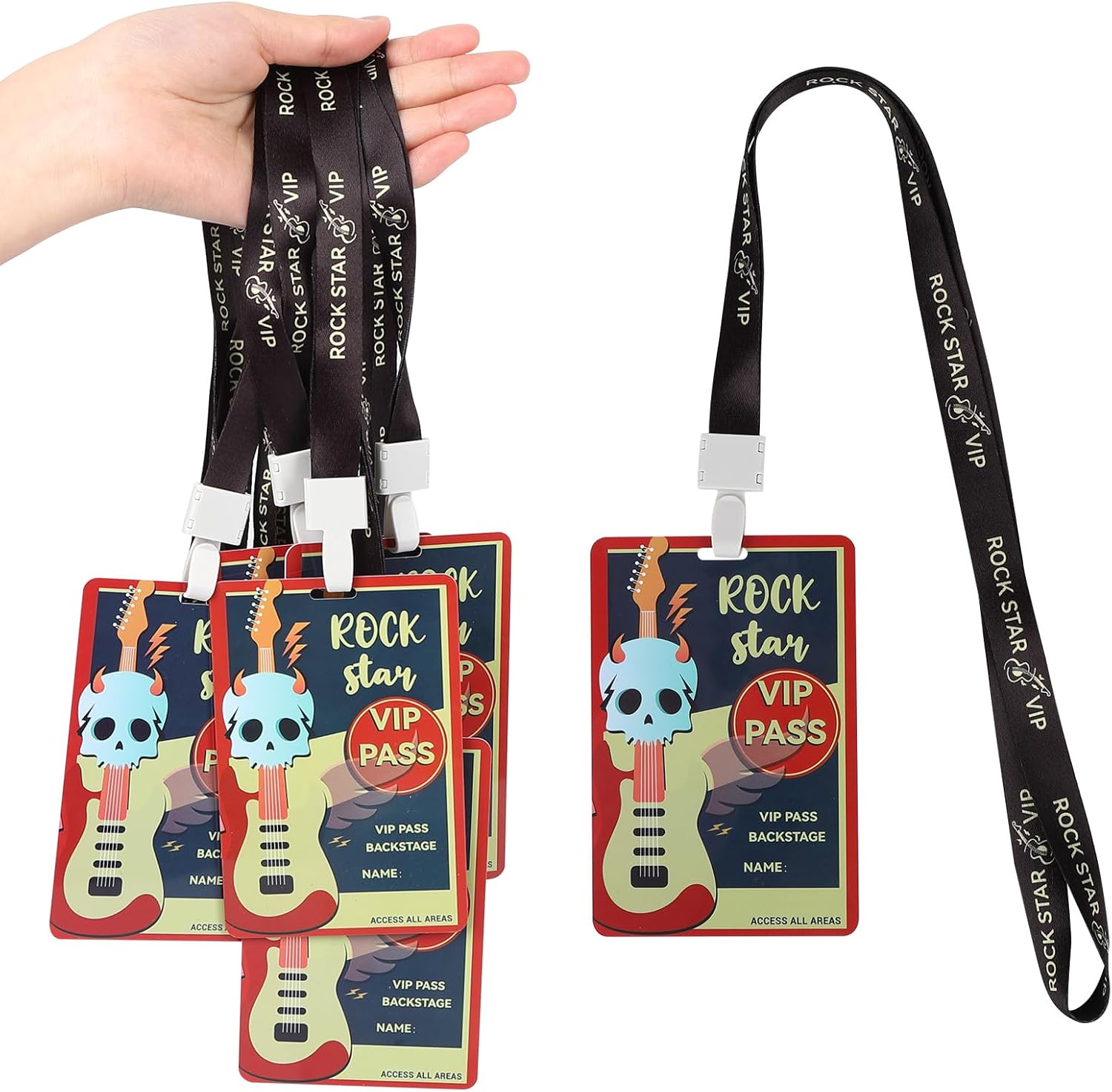 50 Pcs Rock Star Party Badge VIP Lanyards with Badge Holders and Rock PVC Card Backstage Pass Lanyard Rock Star Party Decoration for Music Party Rock and Roll Party Favors Rock and Roll Accessories