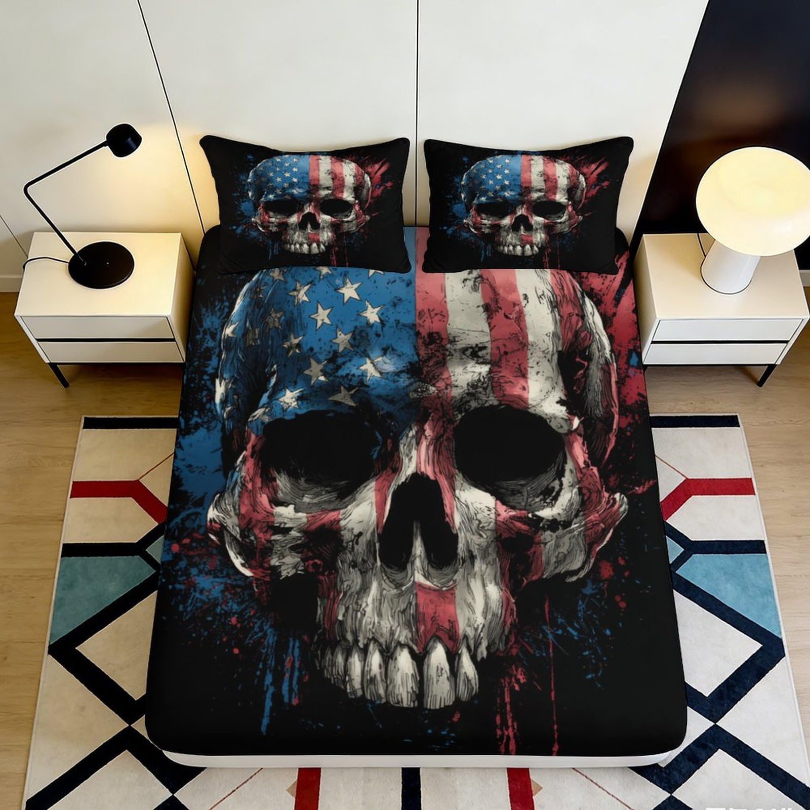 3D Printed American Flag Skull Fitted Sheet Microfiber Soft Breathable Patriotic Bed Cover for Bedroom Dormitory Guest Room Mattress Protection 120x200x25cm