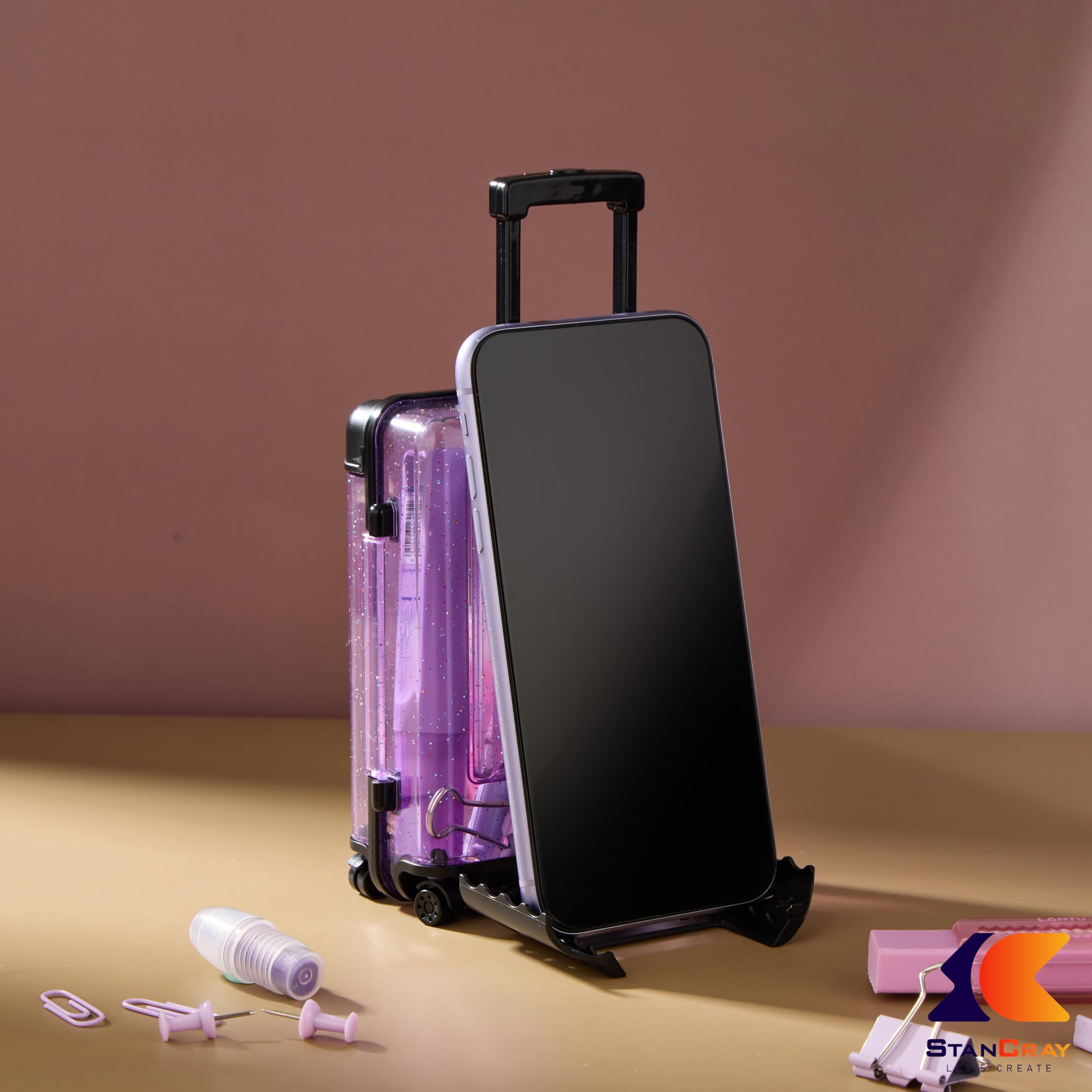 Suit Case Style Portable Phone Stand Wide Compatibility Multipurpose Anti-Skid Design Table Mount Fancy Mobile Holder with Storage Compartment for Office, Home, Gift & Desktop (Purple)-image-21