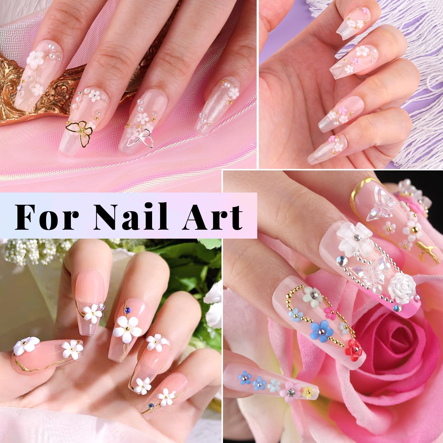 Dijes y gemas de flores 3D, bonito kit de manicura con dijes florales coloridos con pegamento de diamantes de imitación para uñas (curado UV), cuentas de caviar de mariposa, perla semicircular y parte 8
