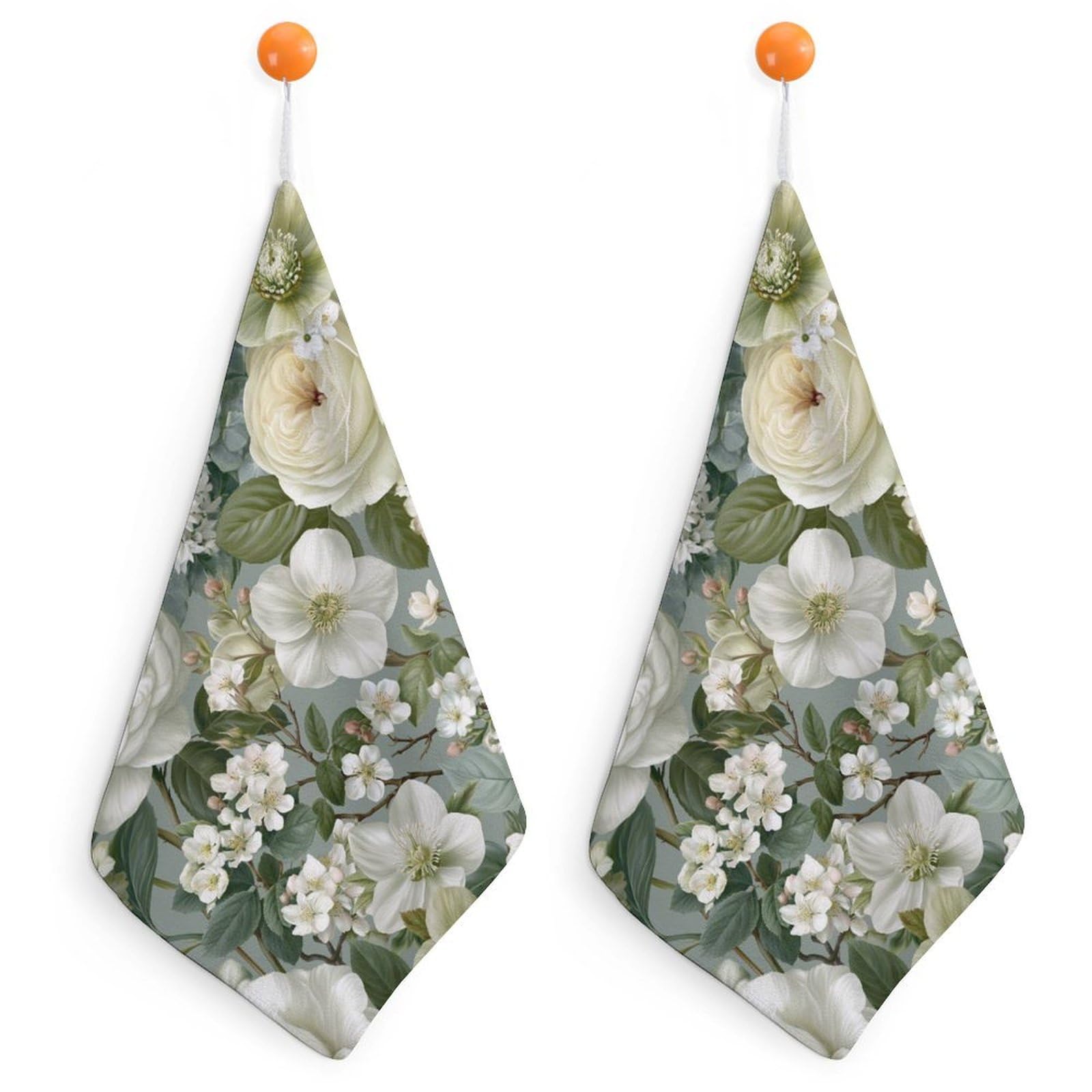 Jubonexis Luxury Botanical White Roses Hydrangeas Clusters Small Hand Towel with Hanging Loop 2 PCS Absorbent Soft Wash Cloth for Kitchen Bathroom