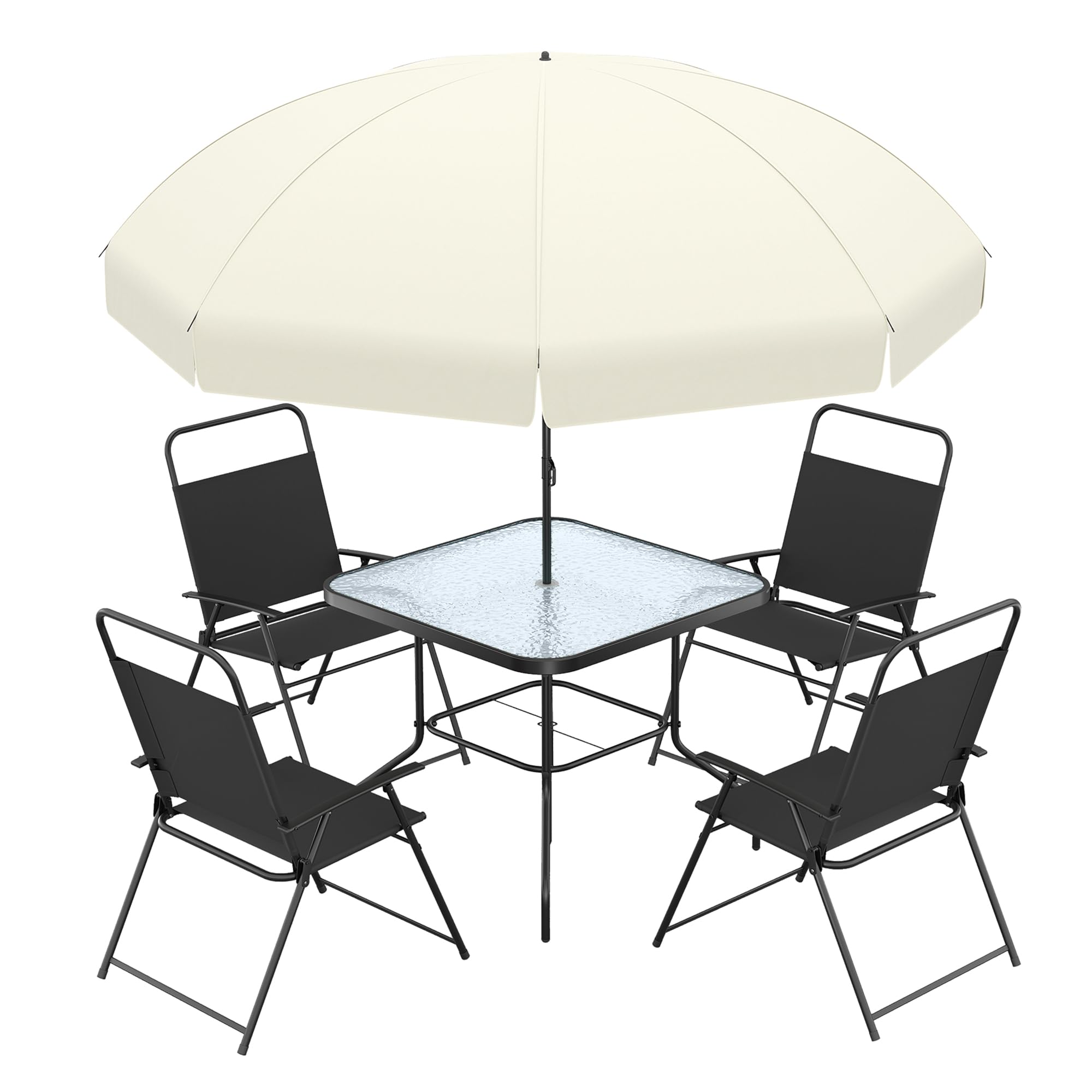 UDPATIO 6 Piece Patio Table and Chairs Set with Umbrella, Outdoor Dining Set with 4 Folding Dining Chairs & Glass Table, for Deck, Backyard, Poolside, Lawn, Black