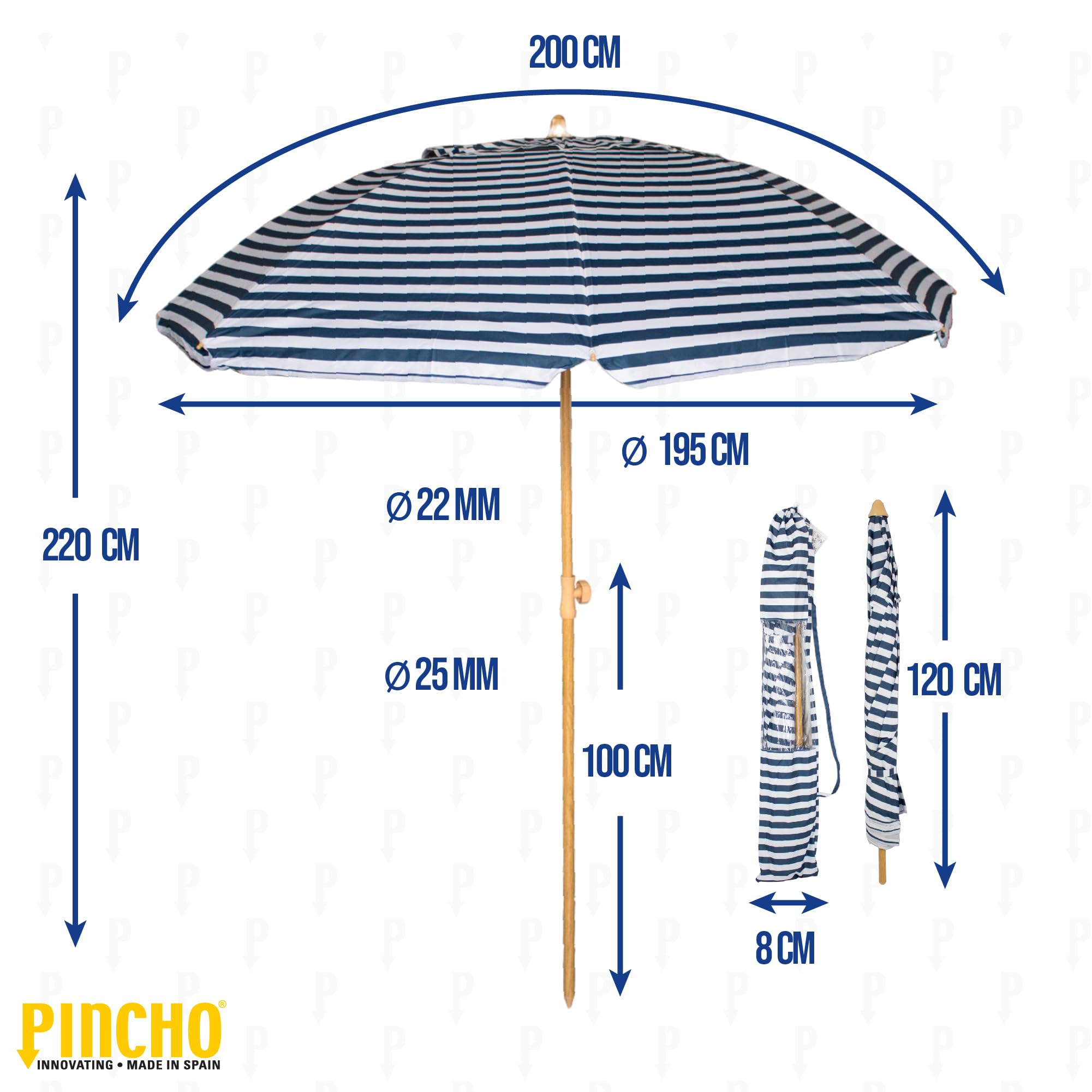 Pincho Ombrellone da spiaggia grande, 200 cm, antivento, con protezione UV50+, tubo in alluminio e 8 stecche in fibra di vetro, reclinabile con finestra superiore, include punta in alluminio