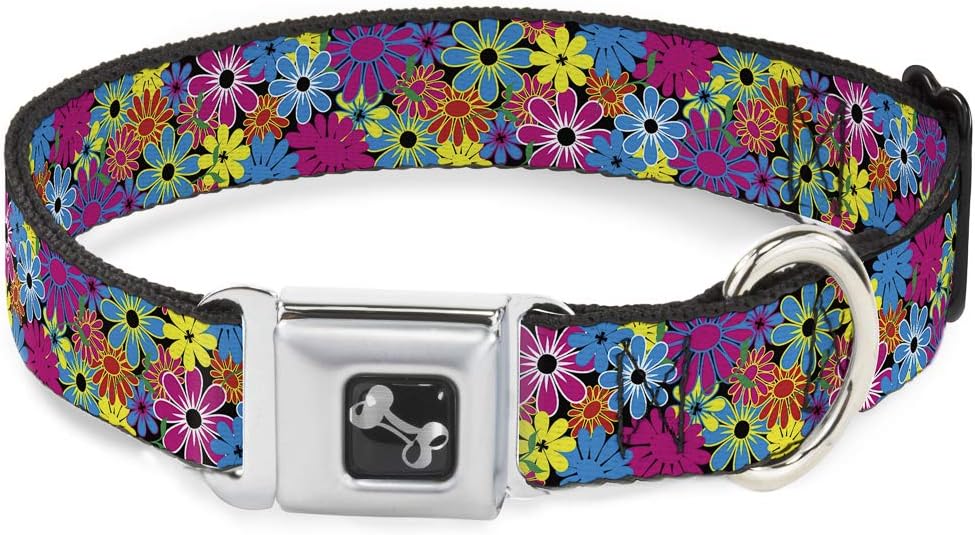 Buckle-Down Dog Collar Seatbelt Buckle Flower Blossom 18 to 32 Inches 1.5 Inch Wide, Multi Color (DC-W30617-WL)