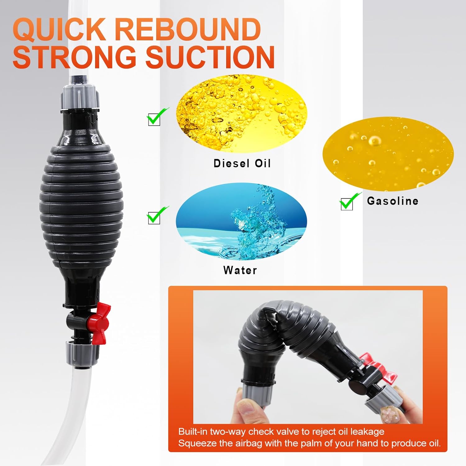 Manual oil pump Manual fuel transfer pump gas siphon pump for gasoline water oil diesel siphon fuel hand pump with 1pc 3m long PVC hose and rubber ball