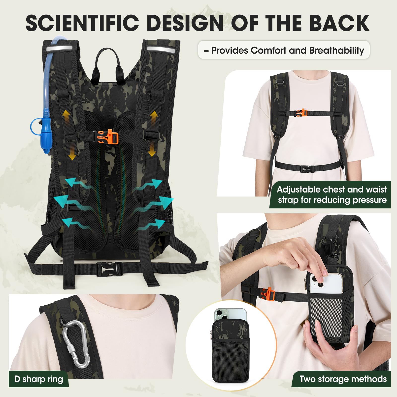 RAINSMORE Mochila Hidratación 18L con Bolsa Agua 2L y Funda Impermeable | Mochila Senderismo Ligera, Bolsa 2L, Sistema Molle, Tejido 900D, Ideal para BicicletaMontaña y Running