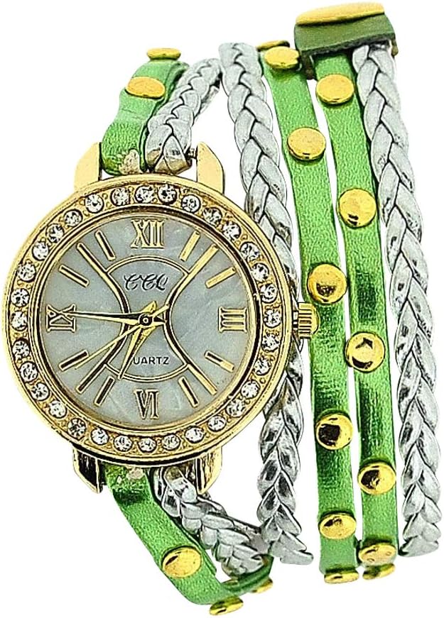 TOC Ladies Extra Long Green Metallic, Silver Plaited Stud Strap Watch SW1097