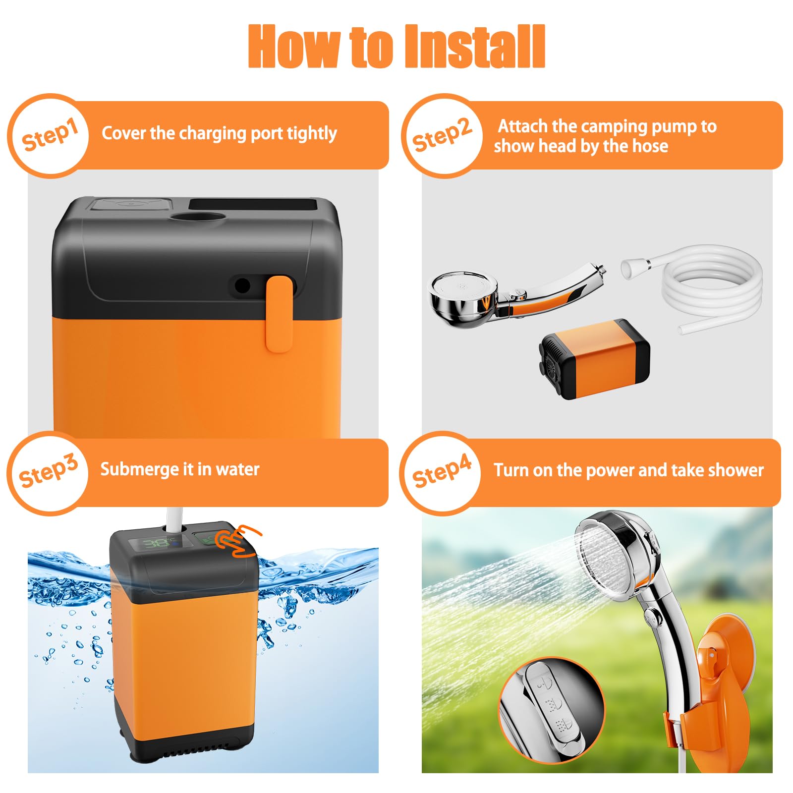 Doccia Portatile Da Campeggio Suewidfay Con Batteria 7600mAh, Display Intelligente, 3 Modalità, Tubo 2m, Per Campeggio, Auto E Animali