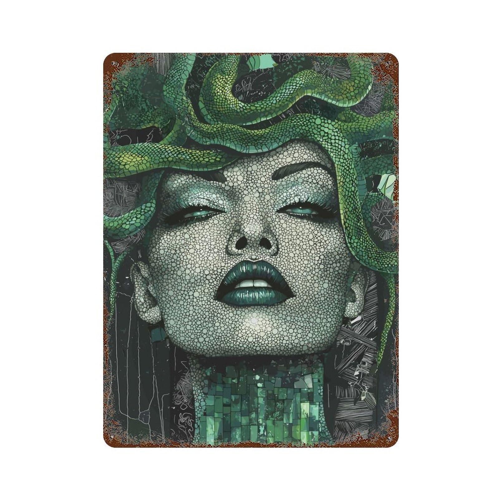 Rust Effect Medusa Mosaic Portrait Distressed Metal Wall Sign 15.7"x11.8", Decorative Metal Wall Art for Living Room, Hallway And Home Decor