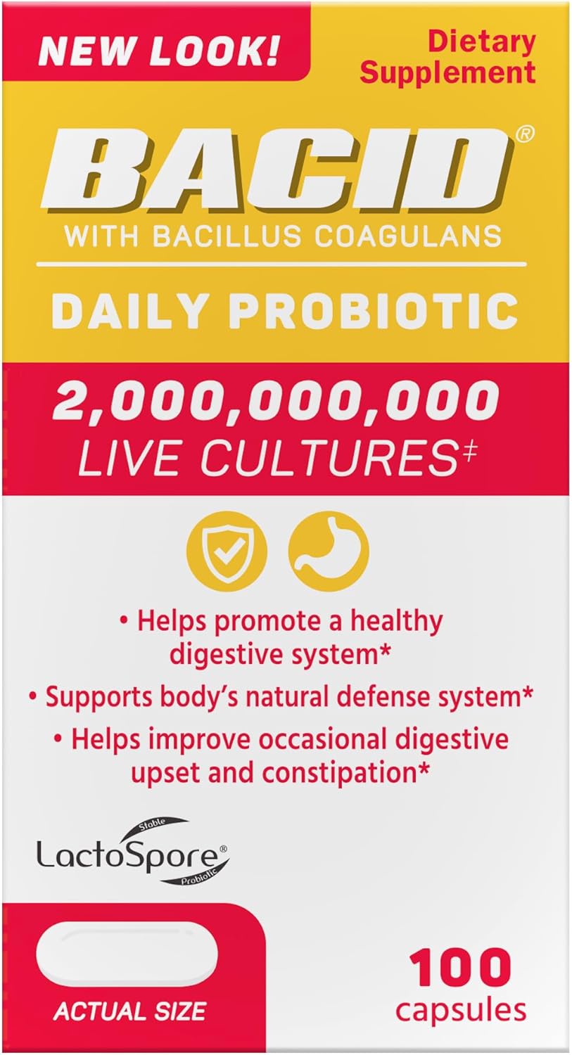 Bacid Daily Probiotic with Bacillus Coagulans, Digestion Supplement to Improve Occasional Constipation, 100 count