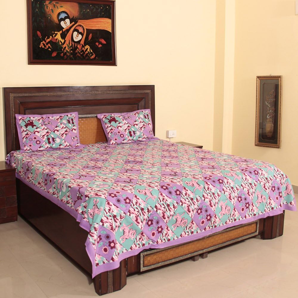 Varmohey Royal Handicrafts Traditional Hand Printed Ethnic Jaipuri Bedsheet - Purple
