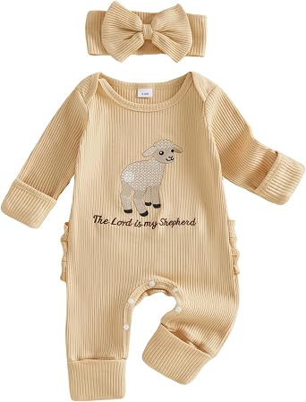 allshope Infant Baby Girl Fall Outfit Romper Ribbed Embroidery Jumpsuit Long Sleeve Bodysuit Cute Newborn Clothes