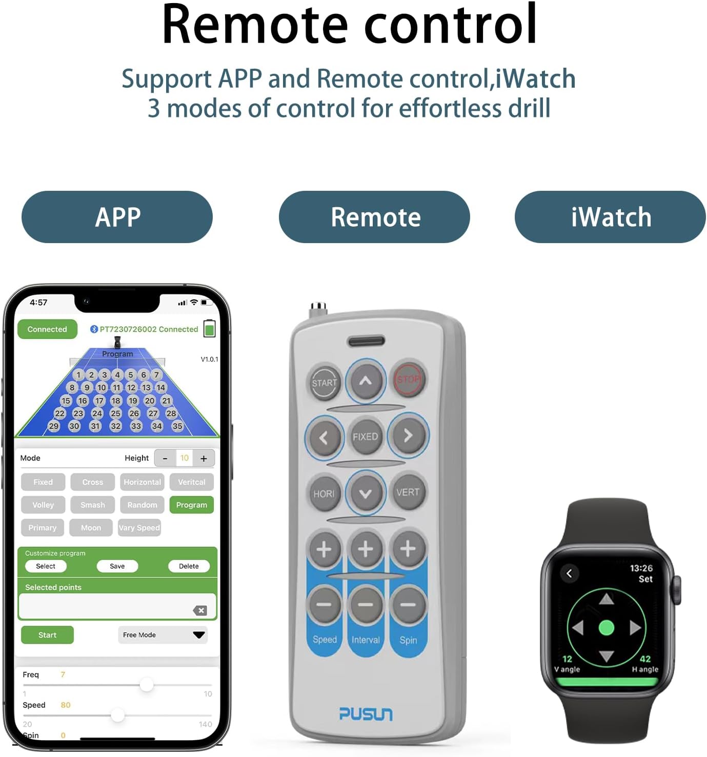 PT-9001 Programmable Variable-Speed Tennis Ball Machine | APP & for Apple Watch Control (12 Modes), MAX 140KM/H, 10Hr Battery, 6-Level Spin, 150-Ball Capacity — for Clubs & Advanced Players