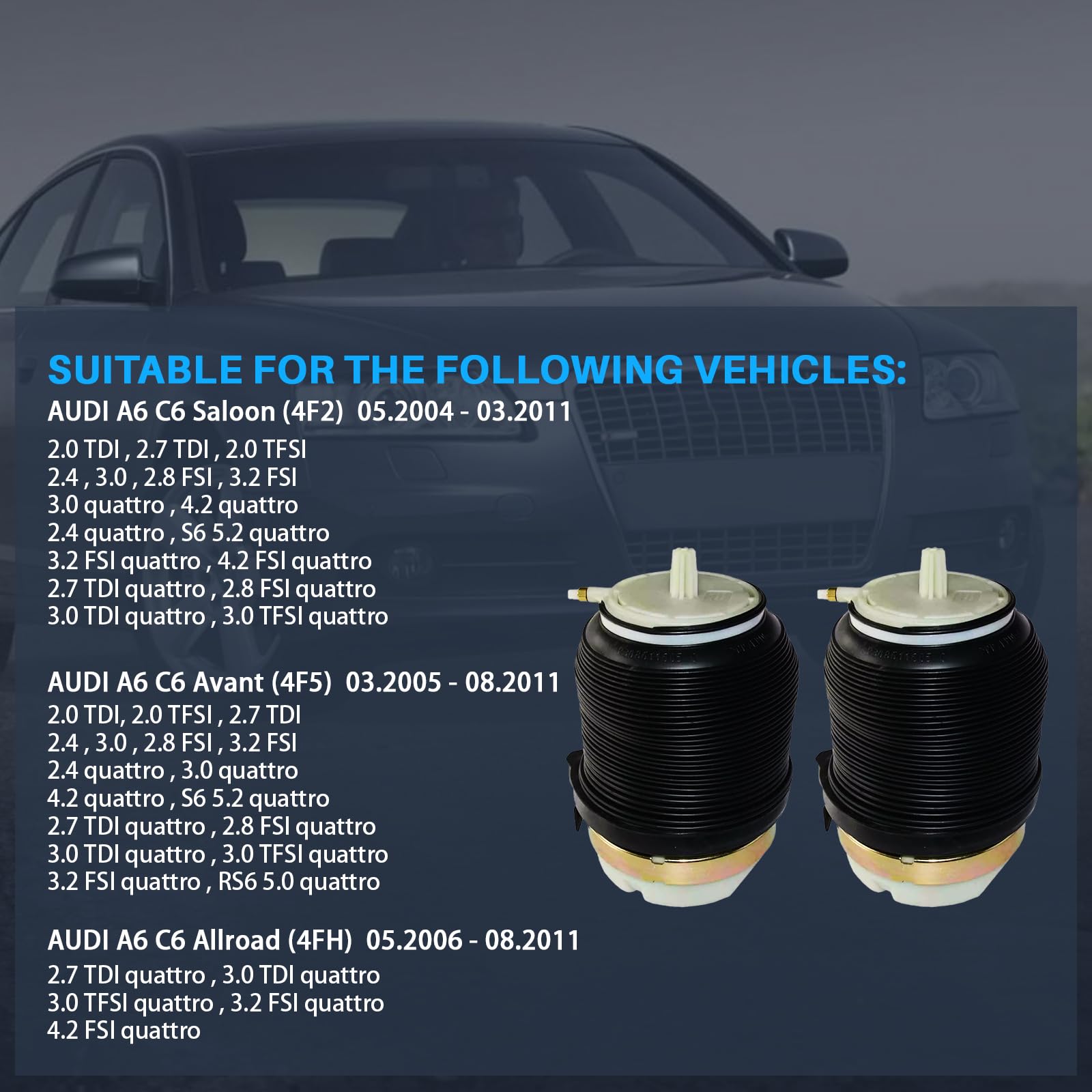 Coppia di sospensioni pneumatiche per asse posteriore compatibile con A6 4F2 C6 Avant 4F5 Allroad 4FH 2.0L-5.2L 2004-2011, ricambio per 4J4000A 4F0616001J01
