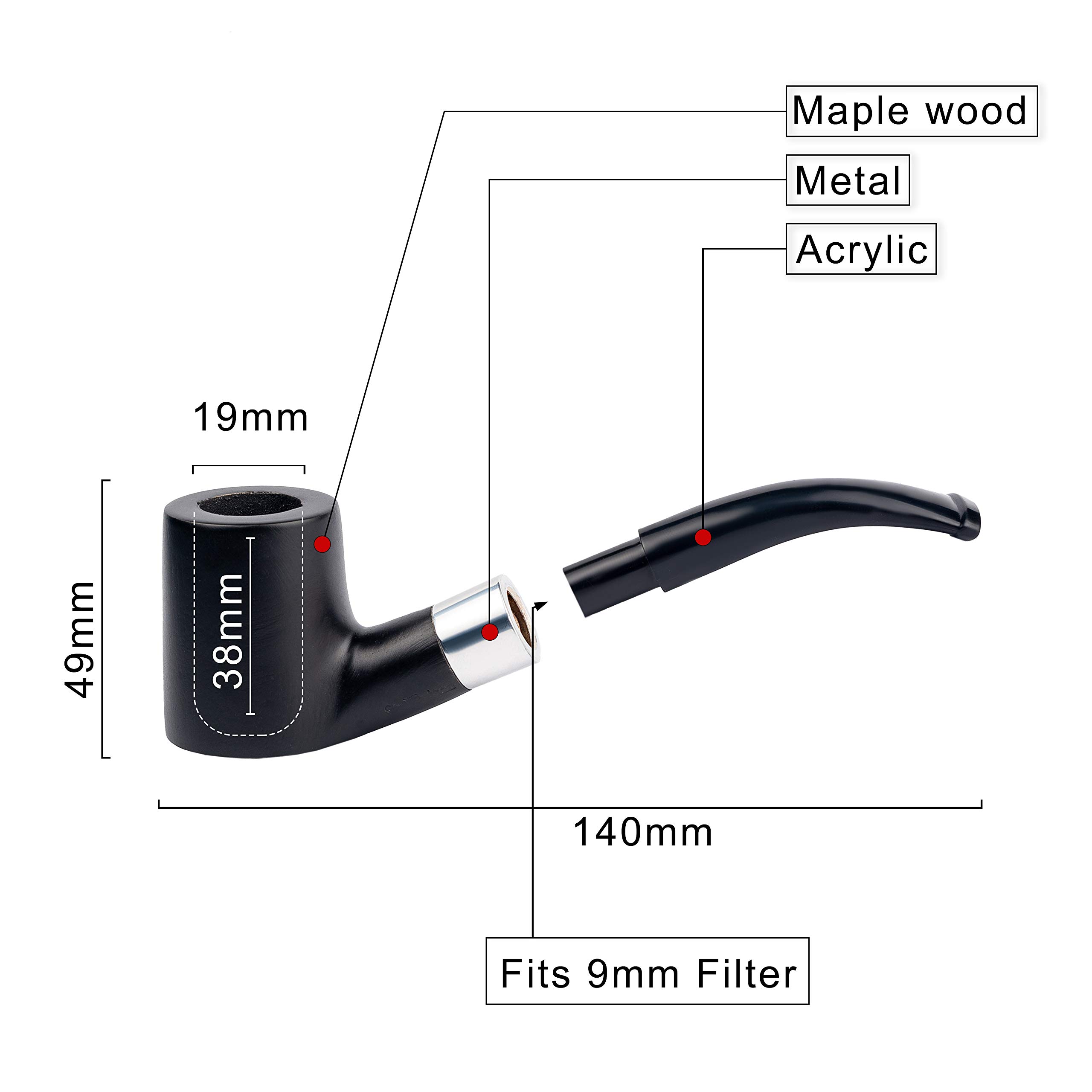 Dr. Watson - Tabakpfeife, klassische Kirschenholzform, handgefertigt aus Ahornholz, passend für 9mm Filter (Schwarz)