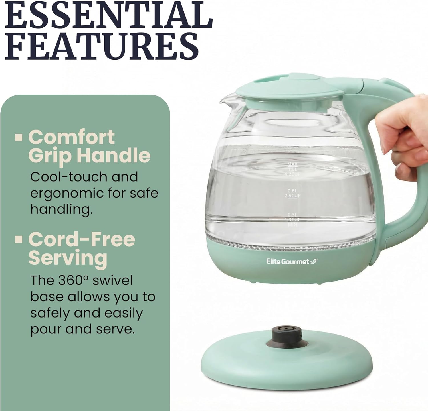 Elite Gourmet 1L Glass Electric Water Kettle, BPA-Free, Fast Boil, Auto Shut-Off, Boil-dry Protection, 360° Swivel Base with Cordless Serving, Clear-view Water Level Markings, Mint