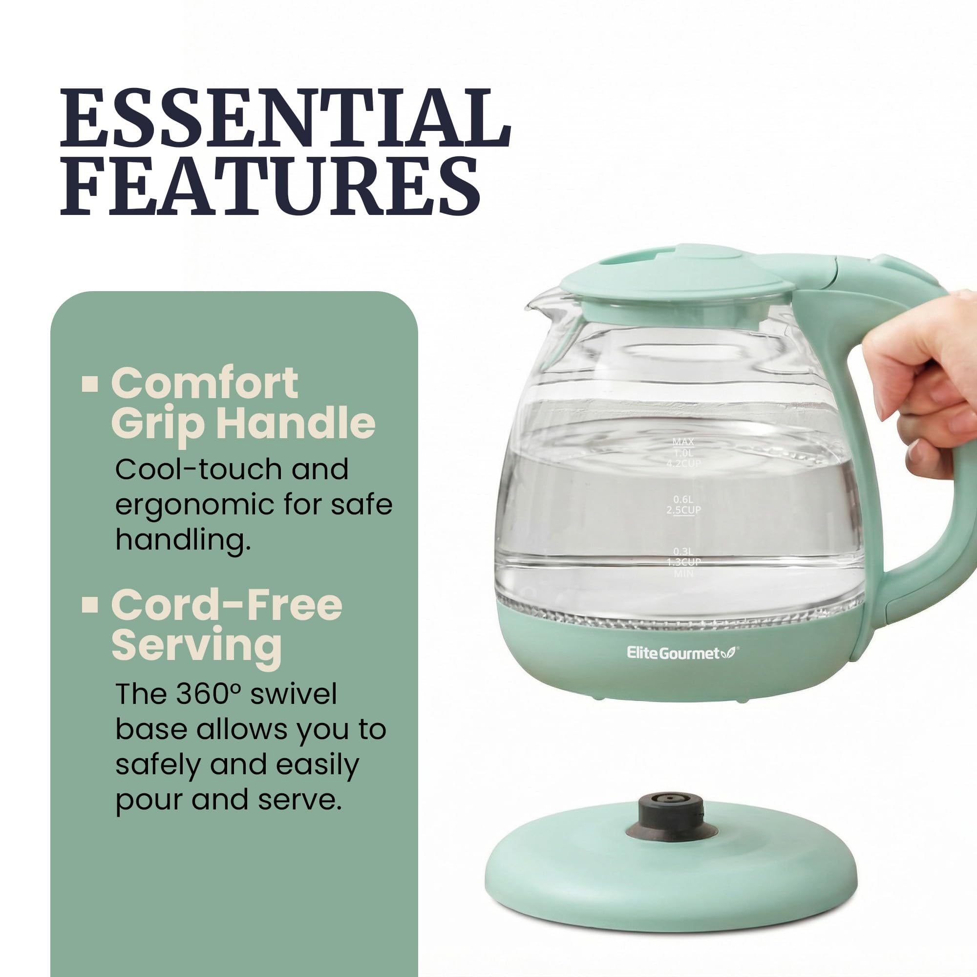 Elite Gourmet - Hervidor de agua eléctrico de vidrio de 1 litro, sin BPA, ebullición rápida, apagado automático, protección contra ebullición, base giratoria de 360° con servicio inalámbrico, marcas