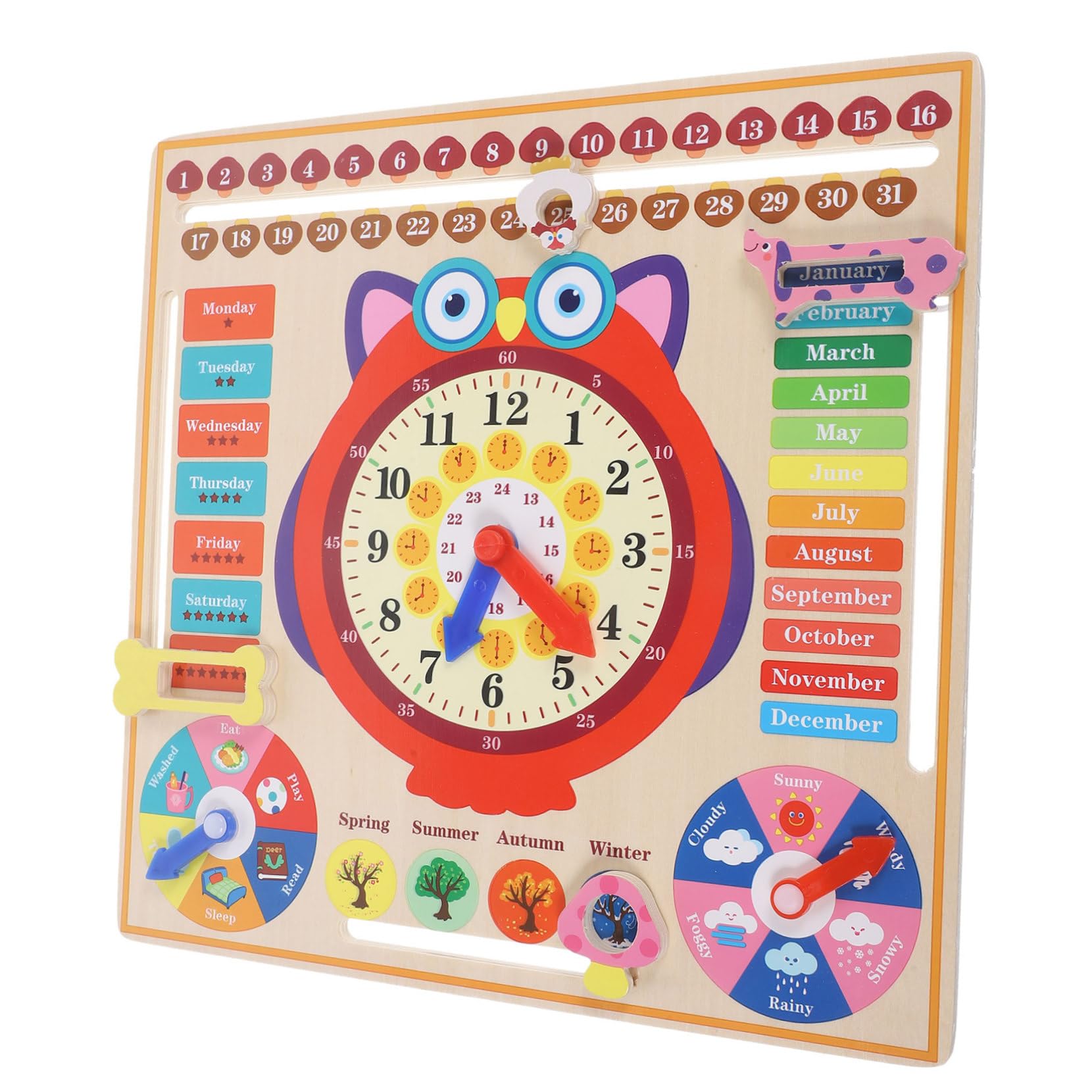 WOONEKY Reloj Didáctico de Madera Forma de Búho Juguete Educativo para Aprender la Hora y Resistente para Herramienta de Enseñanza Práctica para Desarrollo Intelectual