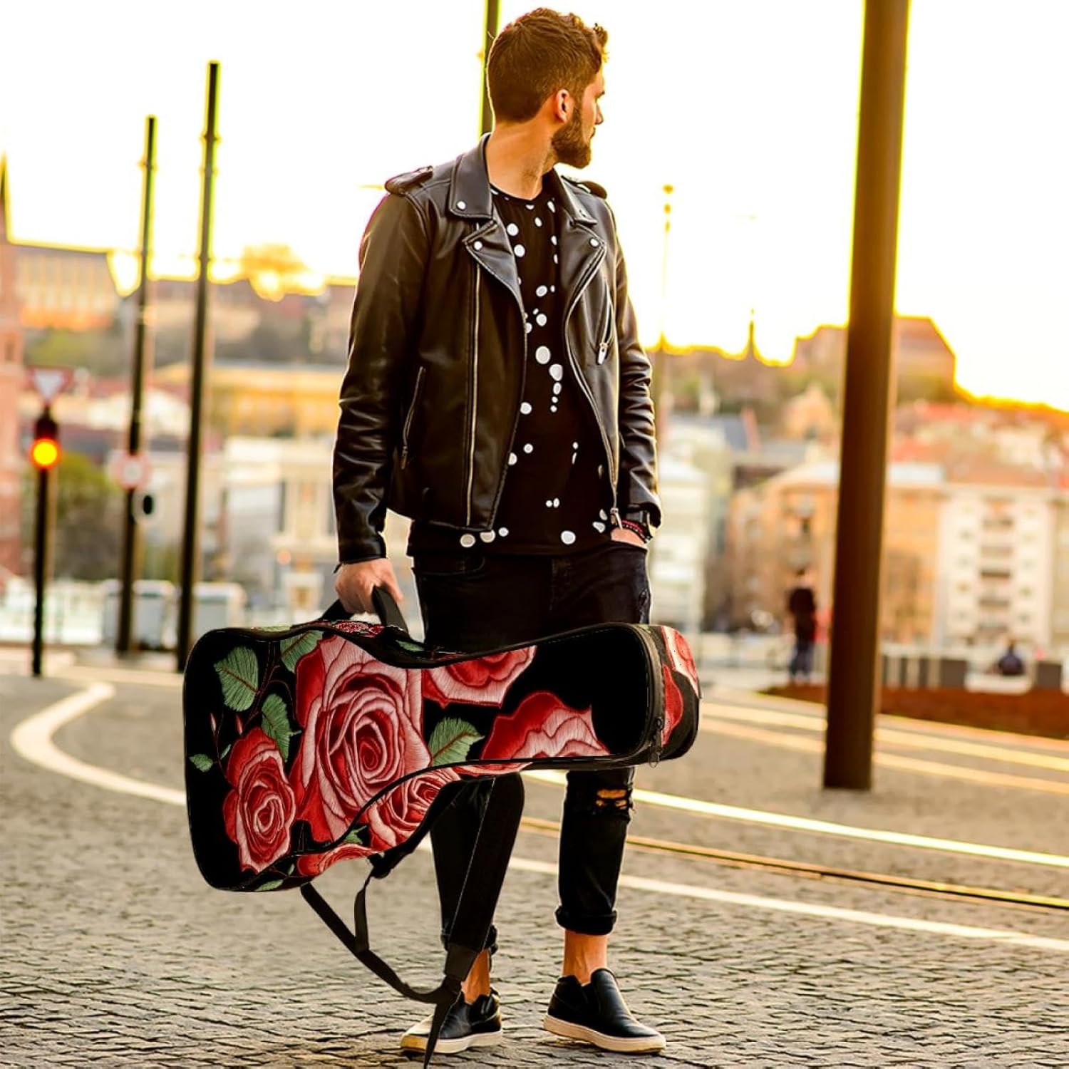 Acoustic Guitar Bag 0.4 Inch Thick Padding Waterproof Guitar Case Gig Bag for 40 41 42 Inch Electric Bass Classical Guitar, Embroidery Rose Flowers