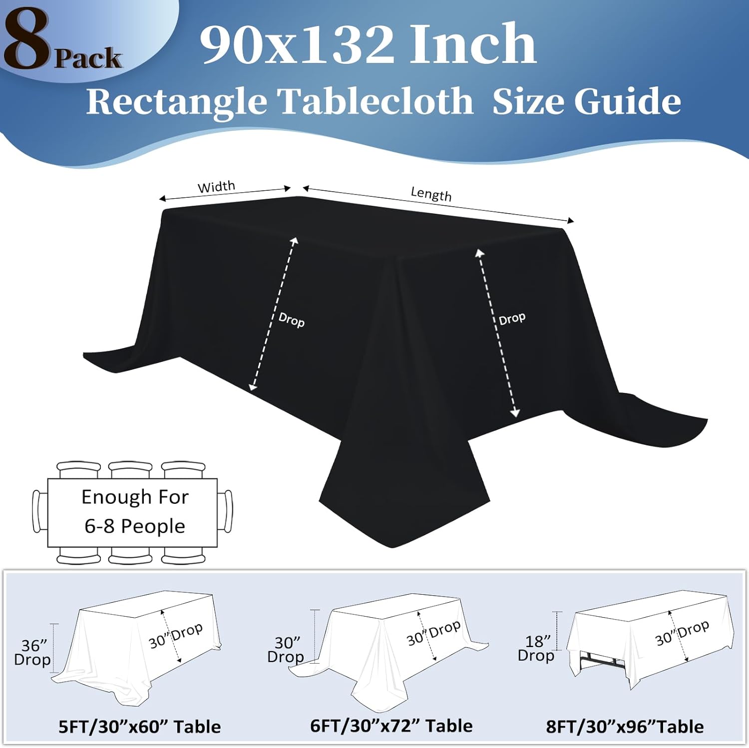 8 pack black tablecloths 90x132 inch table cloths for 6 foot rectangle tables, wrinkle resistant washable rectangular fabric table cover for dining wedding banquet camping party black 90 x 132 inch