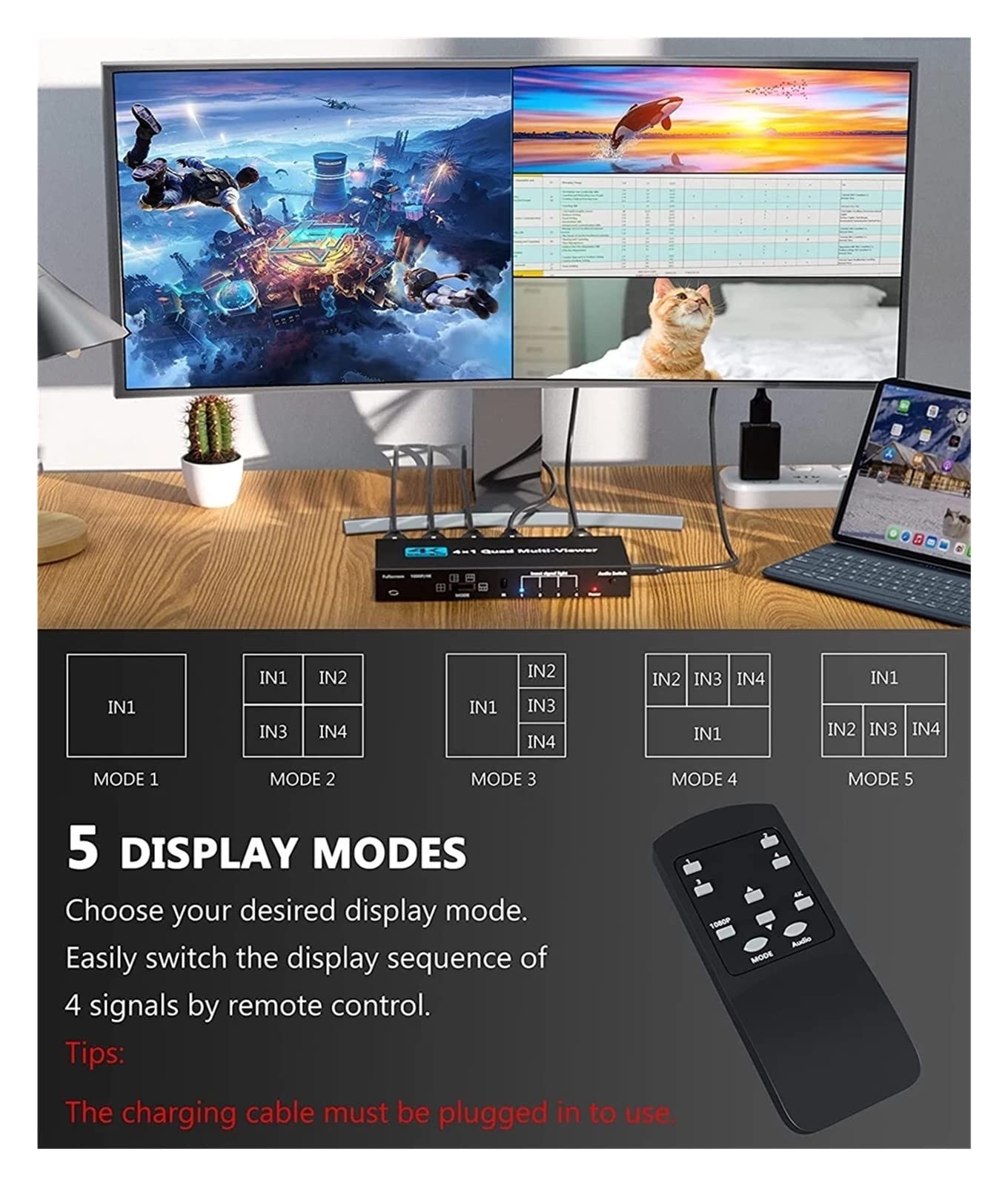 HDMI-Switch-Splitter, 4K HDMI Quad Multi-Viewer 4x1 HDMI-Bildschirmsegmentierung Multi-Screen Seamless Switcher Video-Multiplexer Links rechts Dual-Display Einfach einzurichten