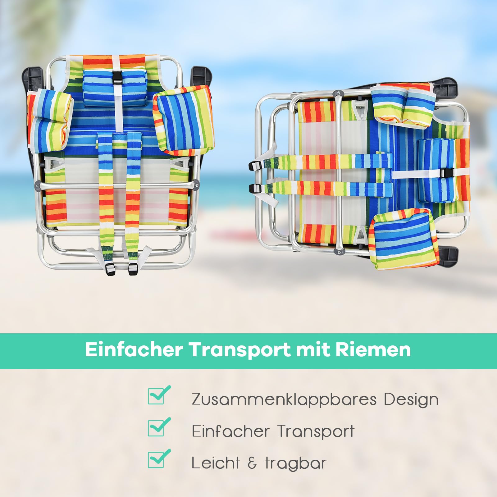COSTWAY Strandstühle und Tisch Set, klappbare Campingstühle mit Verstellbarer Rückenlehne, Kopfstütze, Seitentaschen, Eisbeutel, Armlehnen & Schultergurten, Klappstühle leicht, Mehrfarbig