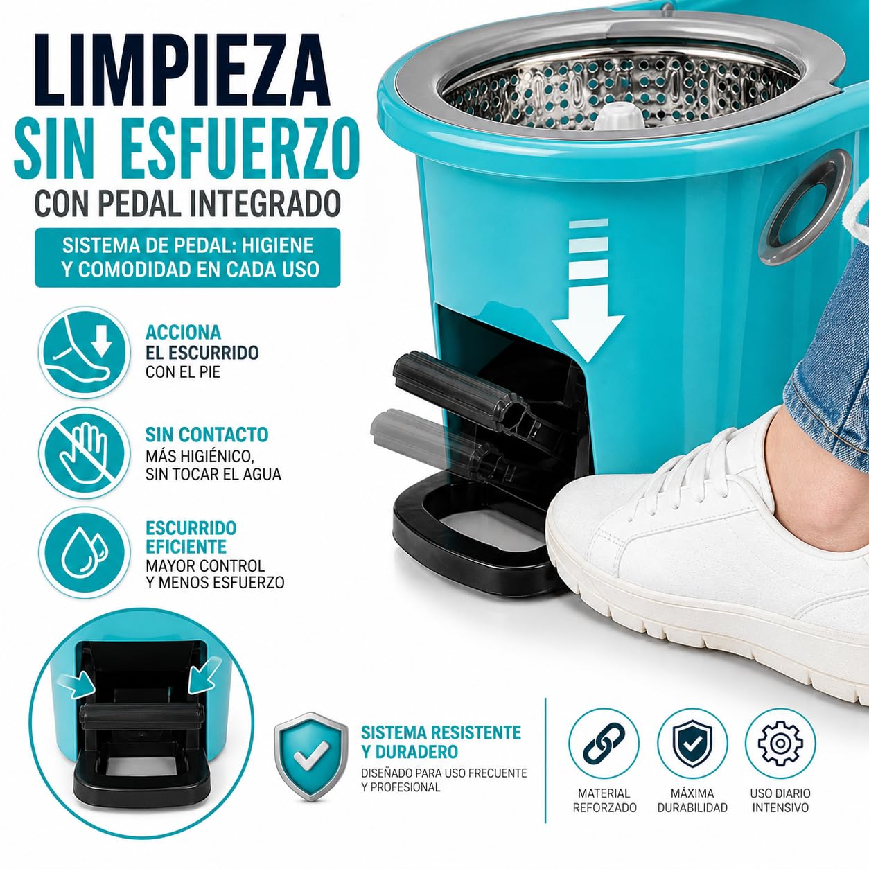 TIENDA EURASIA – Cubo Fregona Centrífugo con Mopa Giratoria 360º | con Escurridor | Mango Extensible | Tapón de Vaciado | Plástico PP y Acero Inoxidable | Azul Turquesa (Pedal - 12L - 25.5x47x23 cm)