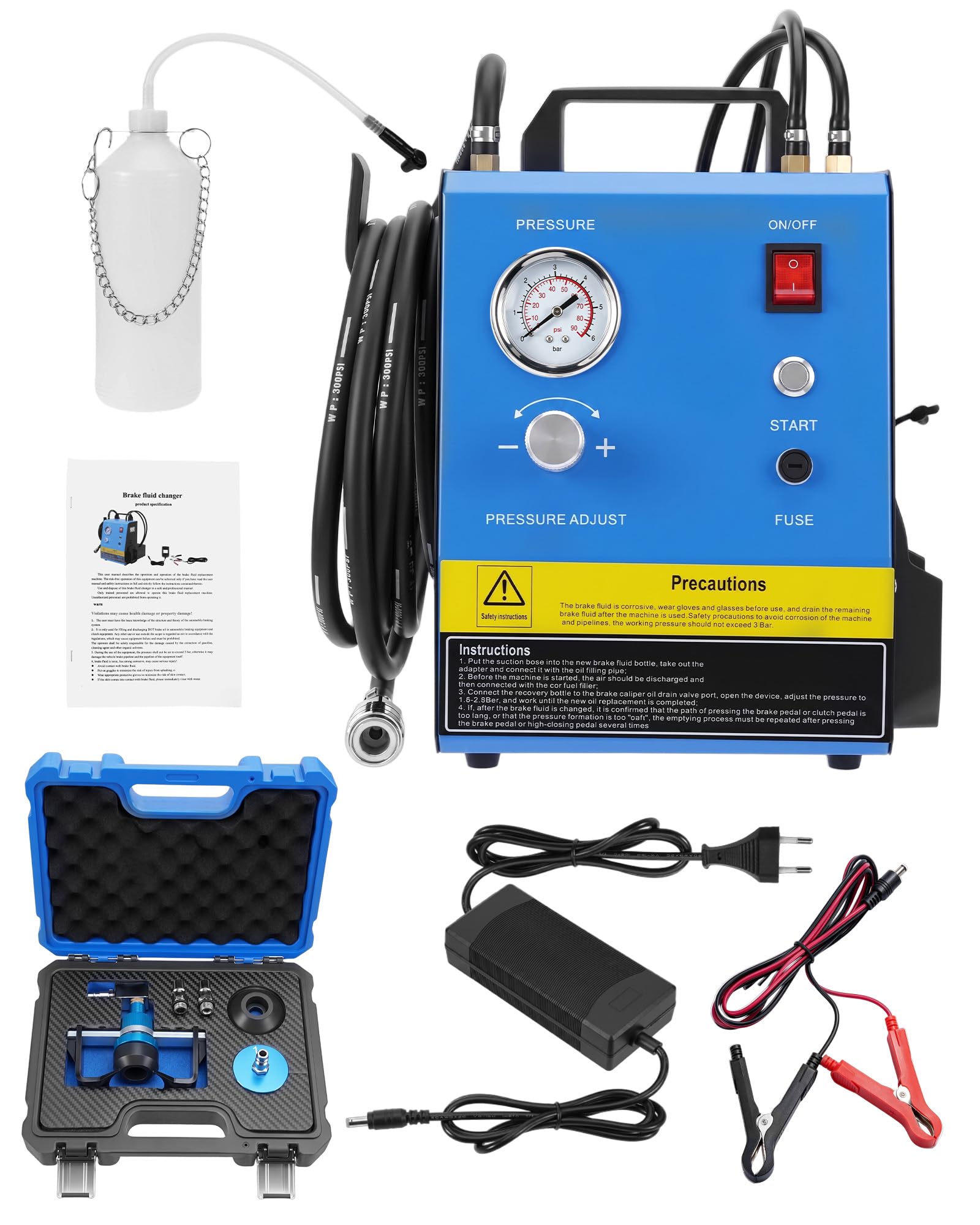 Dispositivo di spurgo per freni elettrico, batteria 12 V/24 V/AC 90-240 V, cambio liquido dei freni 0,6-3,0 bar con indicatore di pressione, serbatoio da 1000 ml, tubo da 3,5 m, set universale