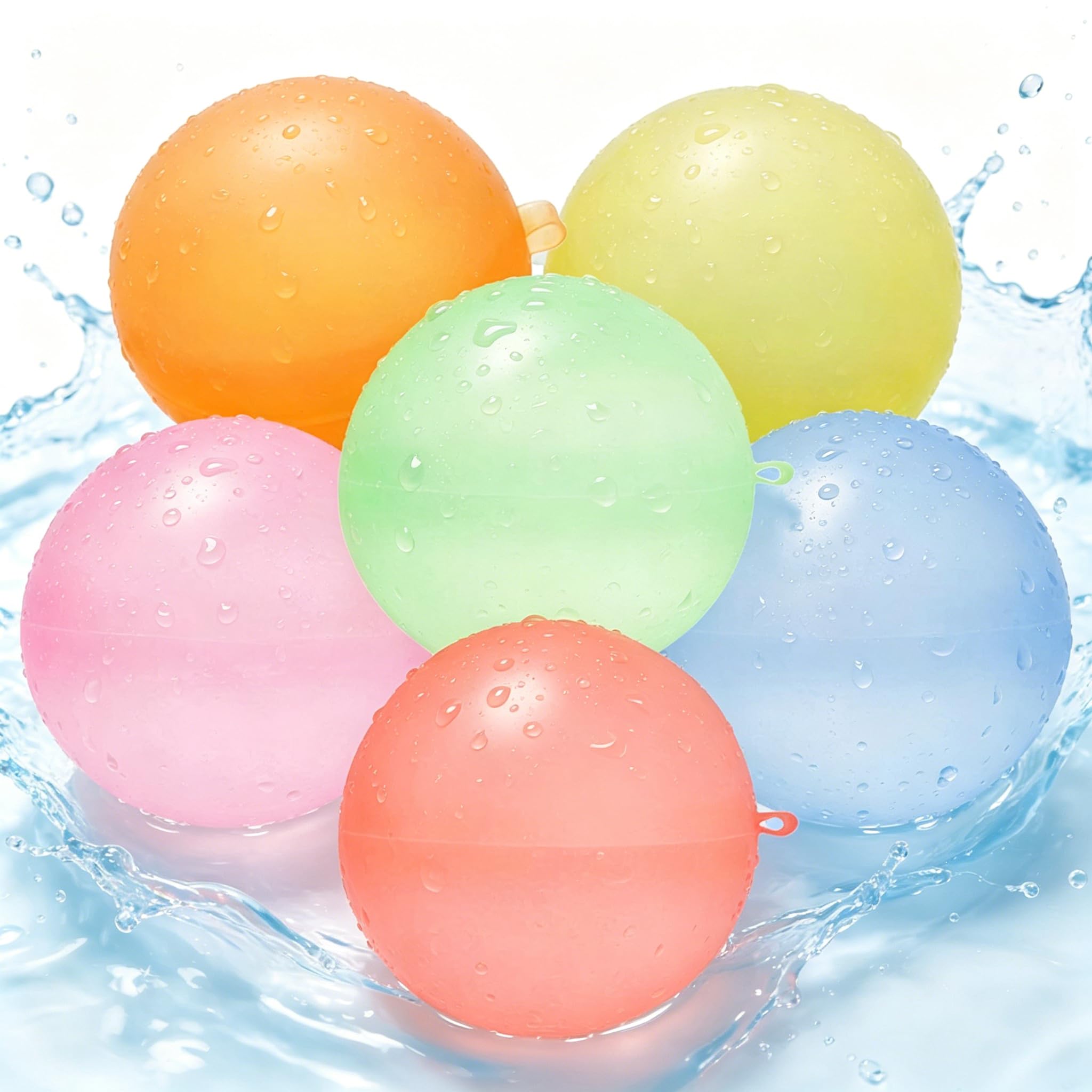 6 Reusable Water Balloons, Self-Sealing Silicone Water Bombs, Quick Fill Water Balloons for Outdoor Water Games, Pool Party Activities, Summer Events in Pink Blue Green Orange Yellow Red