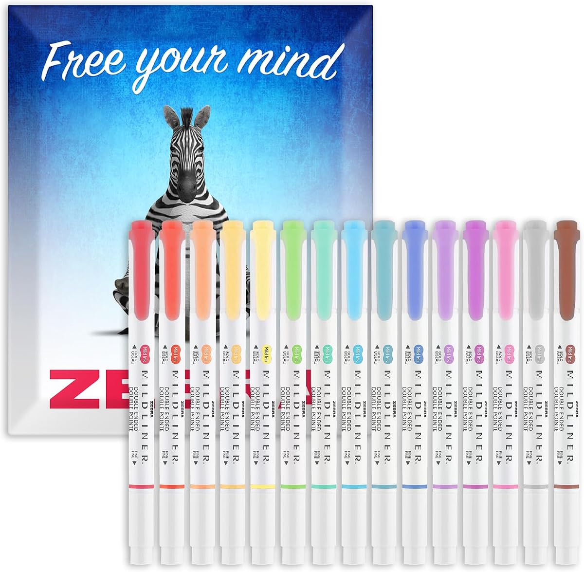 Zebra Pen Mildliner Dual Tip Highlighter Pens - Broad & Fine Tip Double Ended Markers - Pack of Colours in Envelope Gift Packaging - Acid-Free & Non Toxic Ink (15 Pack)