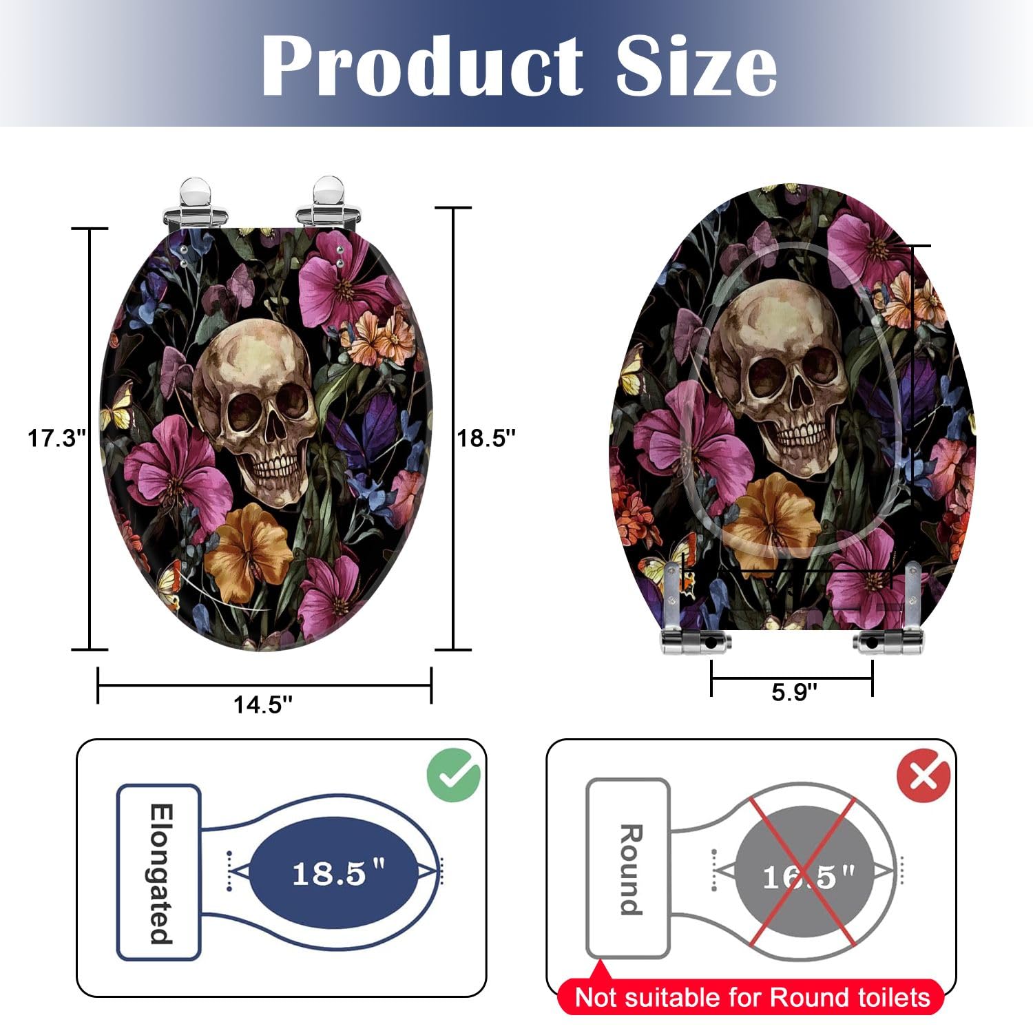 Sedile WC Allungato Decorativo In Resina con Copriwater: Teschio Ricamato, Farfalla E Fiore Tropicale, Chiusura Lenta E Silenziosa, Cerniere A Sgancio Rapido, Facile Da Pulire E Installare.